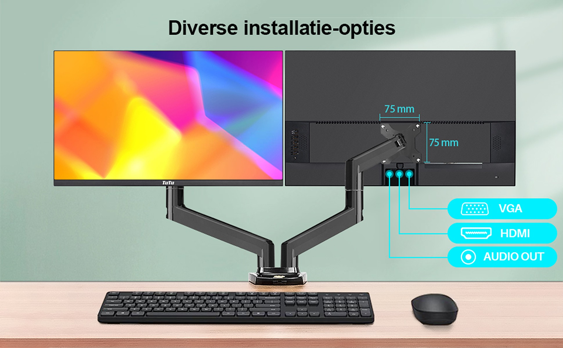 Ein Monitor mit buntem Bildschirm wird auf einem Ständer angezeigt. Tastatur und Maus befinden sich auf einem Schreibtisch.