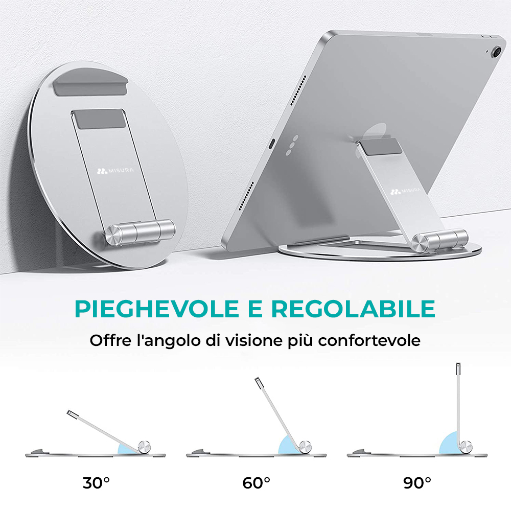 Un soporte plateado para tablet con un iPad. El soporte es ajustable, con ángulos de 30, 60 y 90 grados. El texto dice: 'Plegable y Ajustable'.