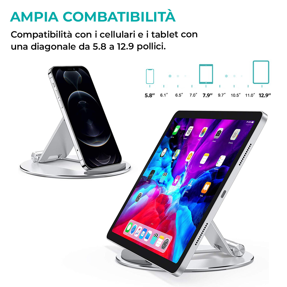 Un telefono e un tablet sono visualizzati su supporti argentati. Il testo in alto dice 'Ampia Compatibilità'.