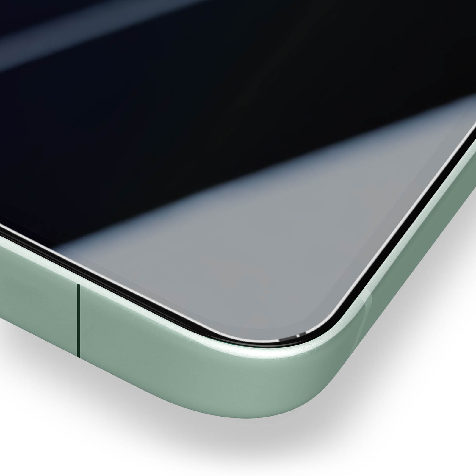 Primo piano di uno smartphone verde menta. Lo schermo è nero e lucido. L'angolo del telefono è arrotondato e lo sfondo è bianco.