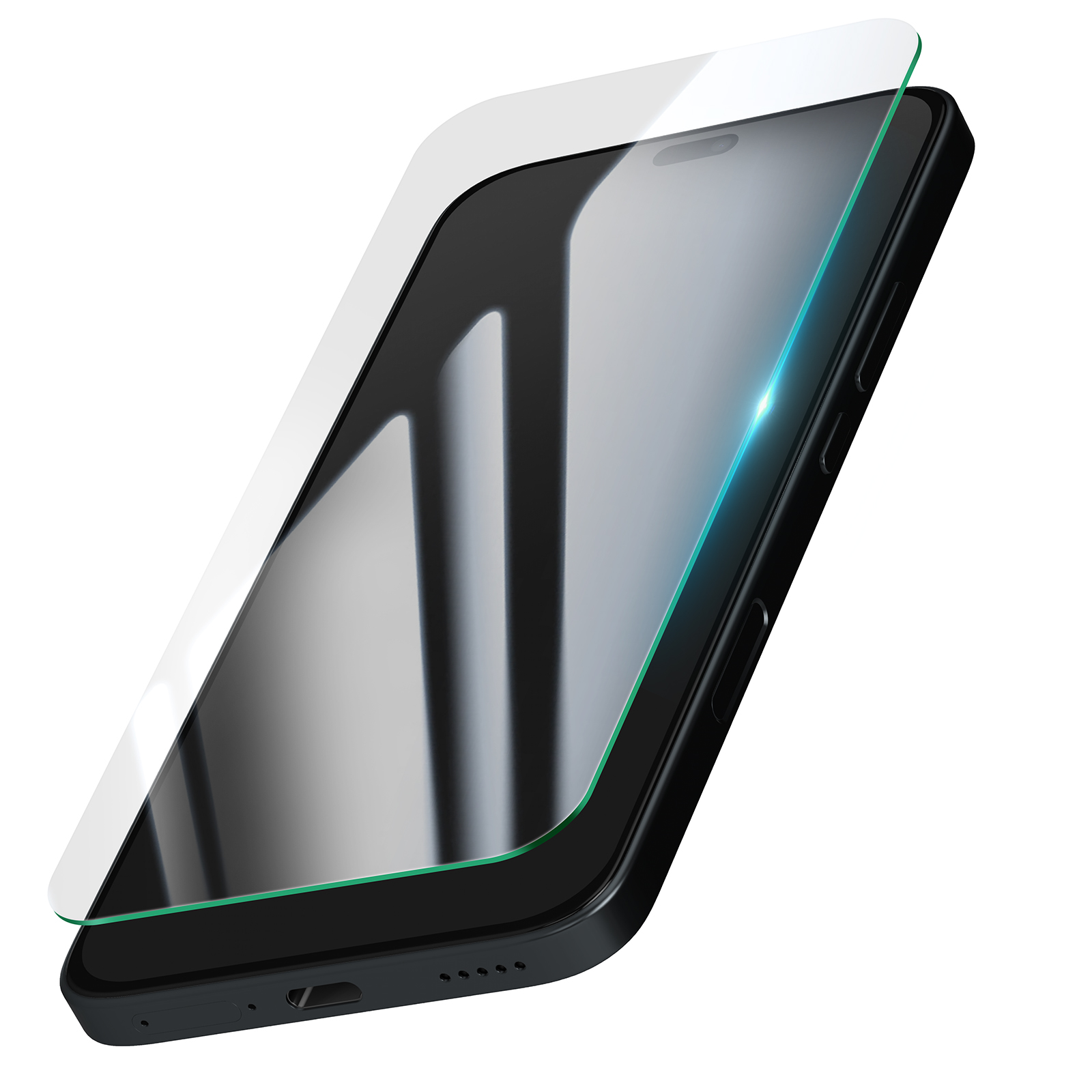 Uno smartphone nero con una protezione per lo schermo applicata. La protezione è trasparente con bordo verde. Sfondo bianco.
