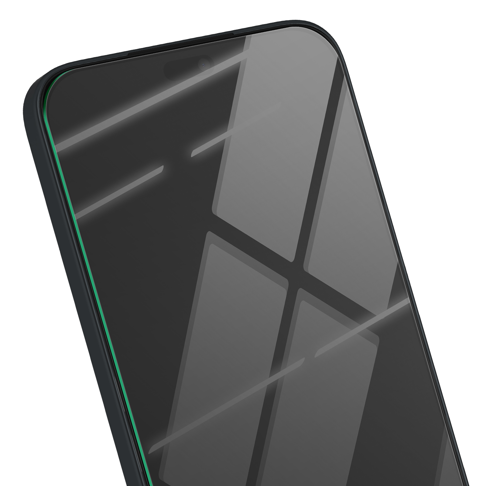 Primo piano di una protezione schermo per smartphone. Cornice nera con contorno verde. Lo schermo riflette la luce.