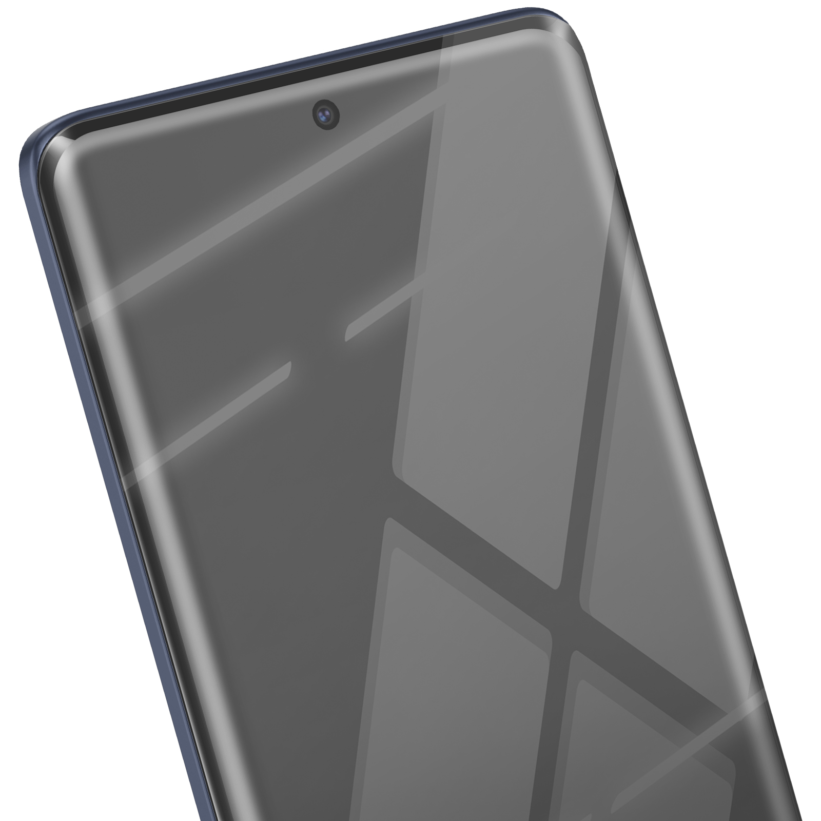 Primo piano di uno smartphone. Lo schermo ha riflessi e sembra scuro. I bordi sono blu scuro.