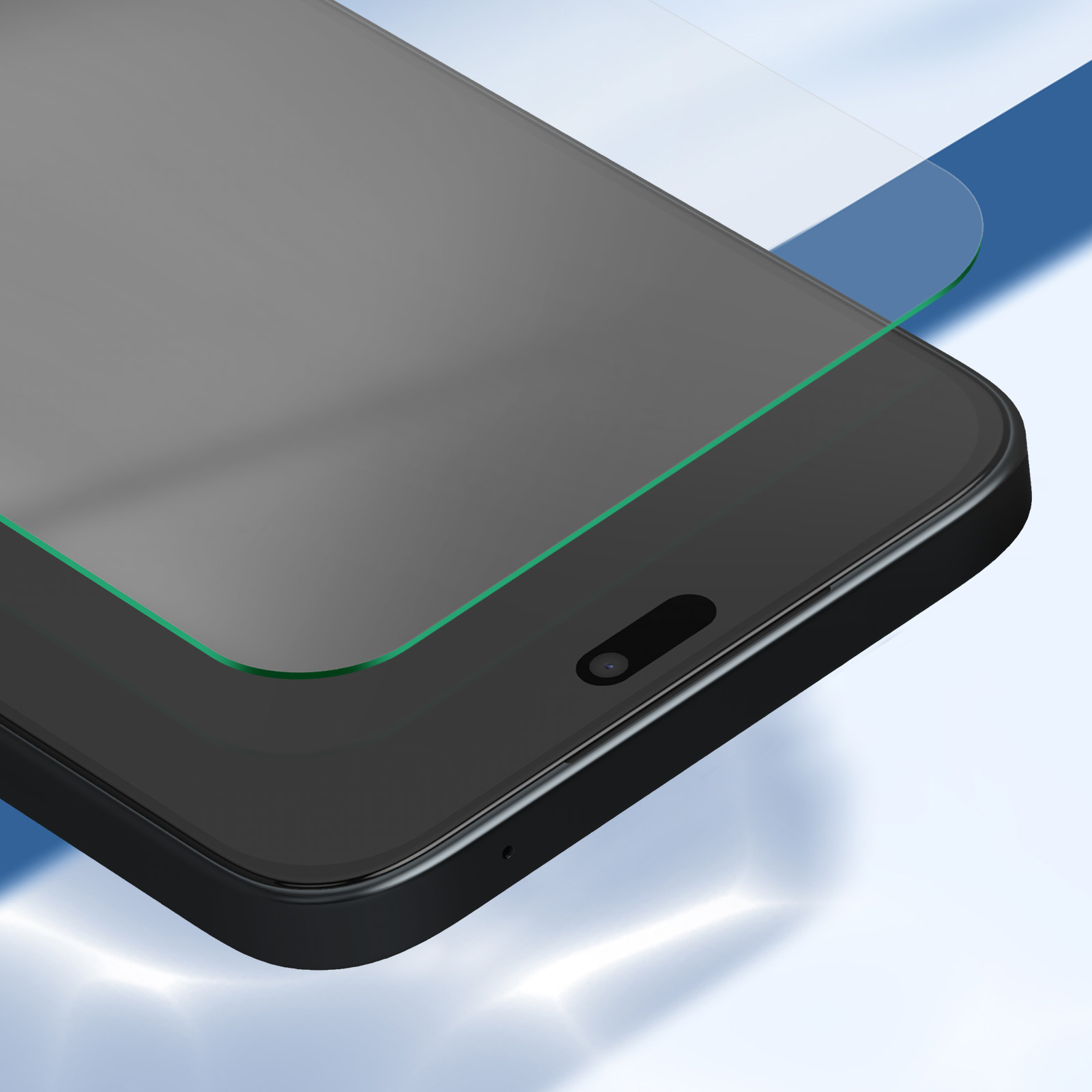 Uno smartphone con una protezione per lo schermo applicata. Il telefono è nero, la protezione è trasparente con bordo verde.