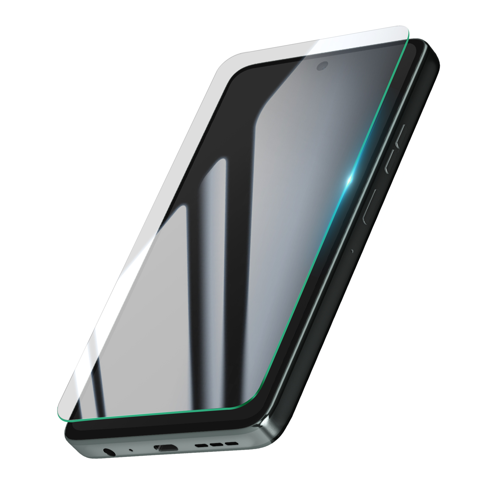 Uno smartphone con una protezione per lo schermo applicata. Il telefono è nero, la protezione è trasparente. Sfondo bianco.
