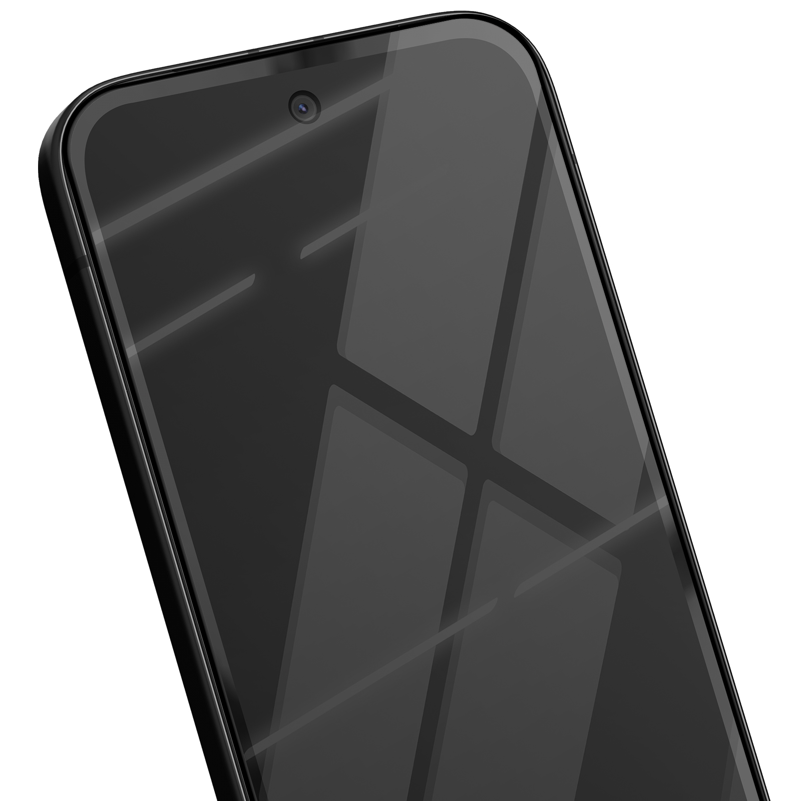 Primo piano di uno smartphone nero. Lo schermo riflette la luce e una fotocamera è visibile in alto.