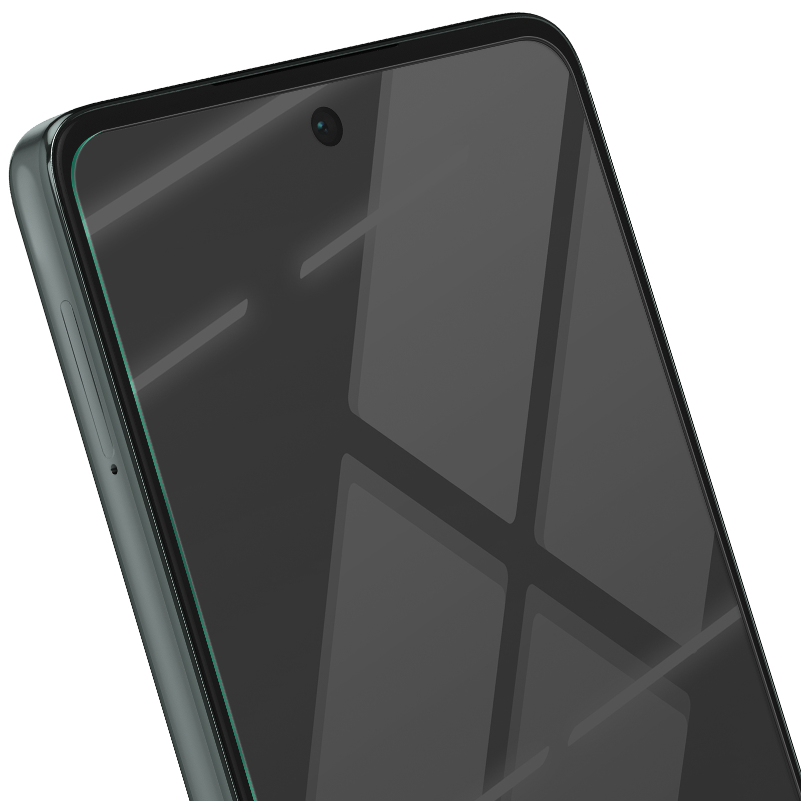 Primo piano di uno smartphone. Lo schermo è nero con riflessi di luce. La cornice è grigia. Una fotocamera è visibile sullo schermo.