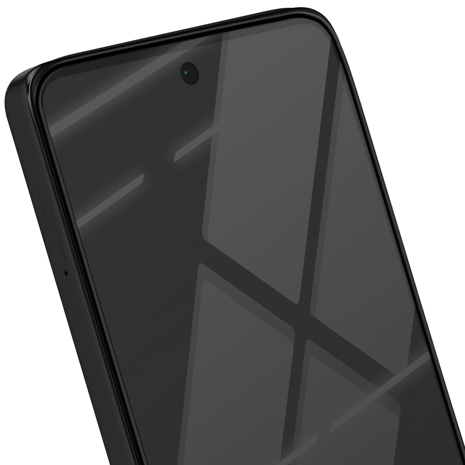 Primo piano di uno smartphone nero, schermo che riflette la luce e forme. Una piccola fotocamera è visibile.