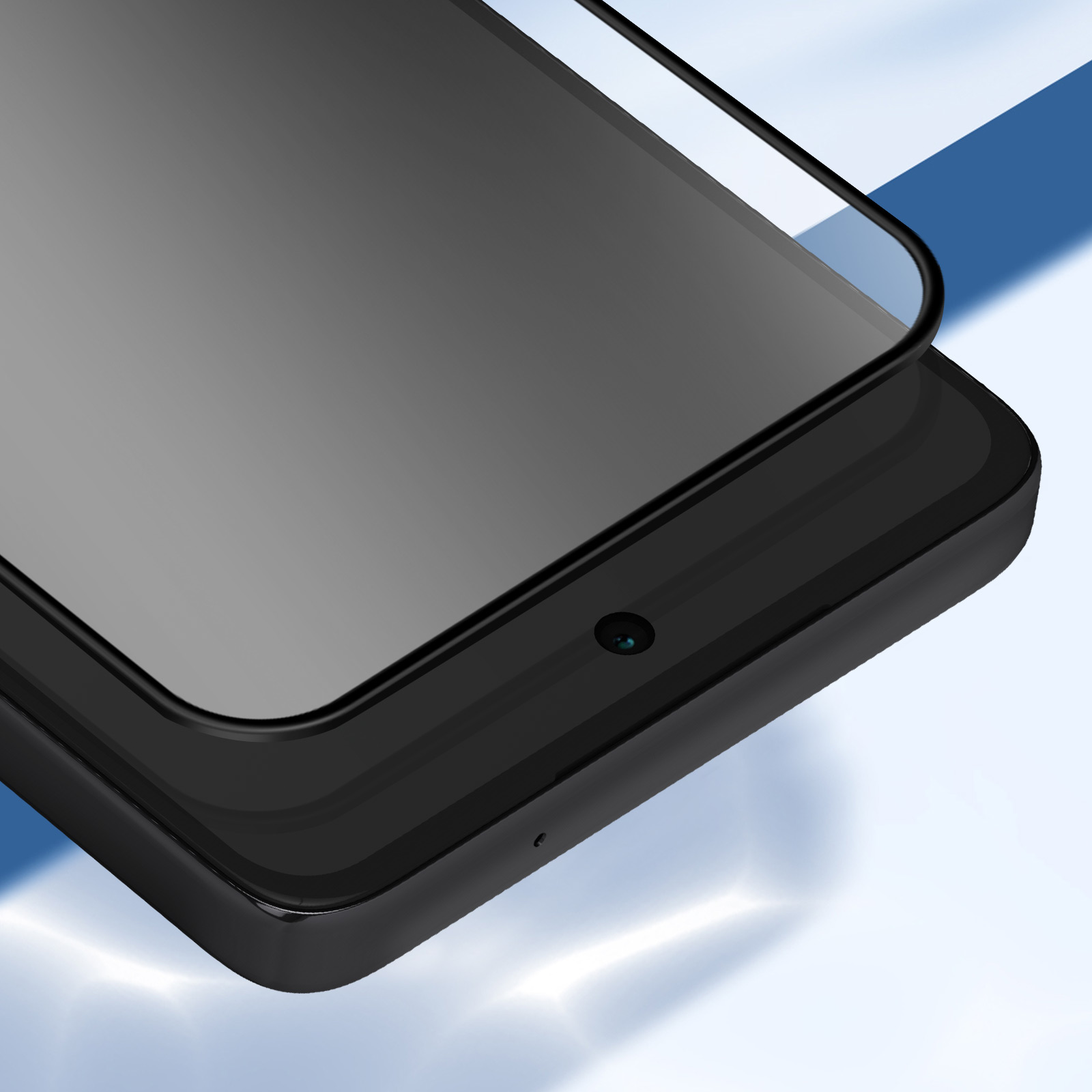 Primo piano dello schermo di uno smartphone con uno strato protettivo. Il telefono è nero e lo schermo è leggermente riflettente.