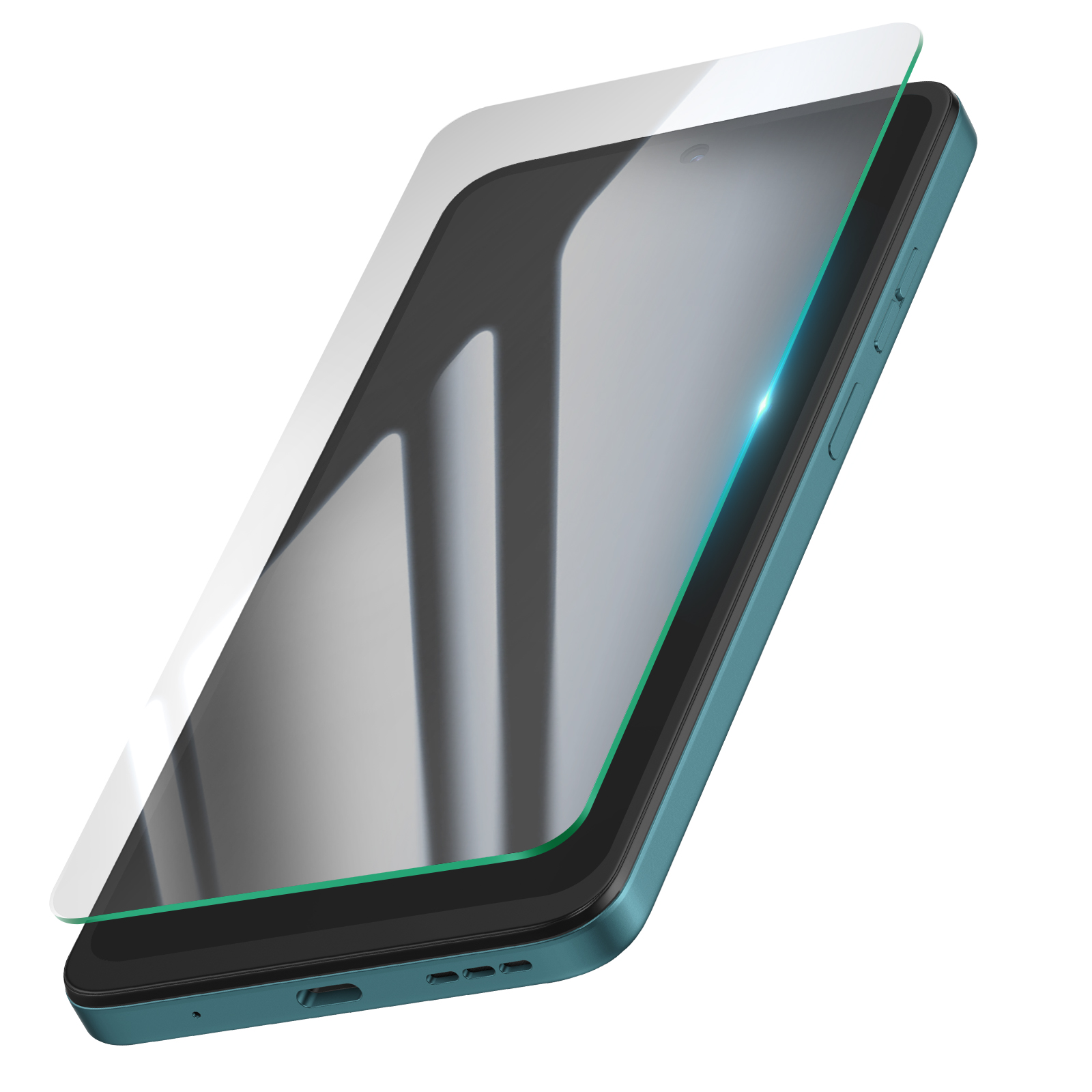 Un smartphone bleu-vert avec un protecteur d'écran appliqué. Le protecteur et l'écran créent des reflets.