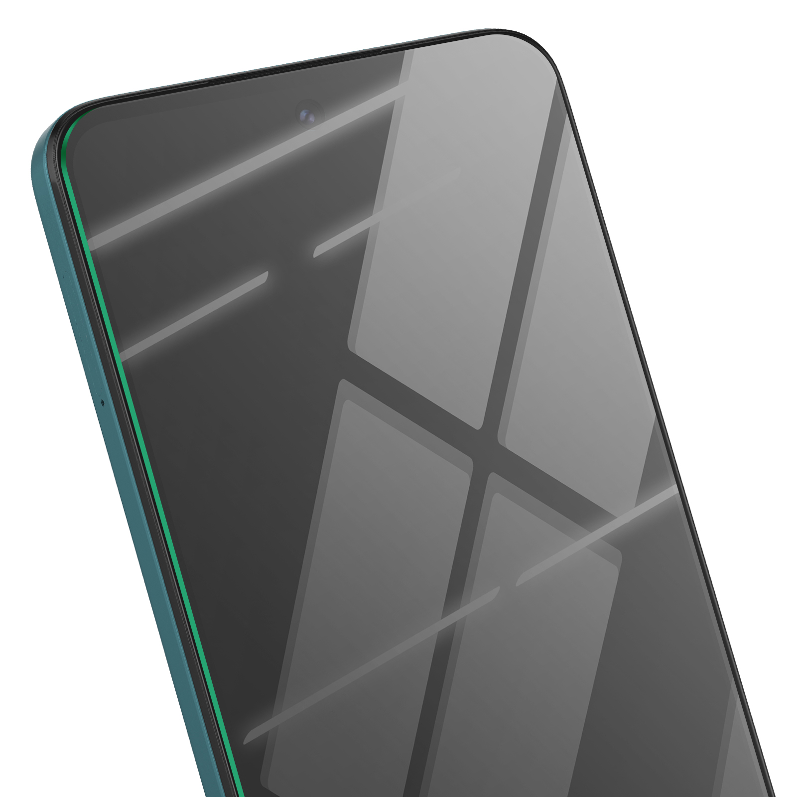 Gros plan d'un smartphone. L'écran est sombre, reflète la lumière et est entouré d'un cadre bleu-vert.