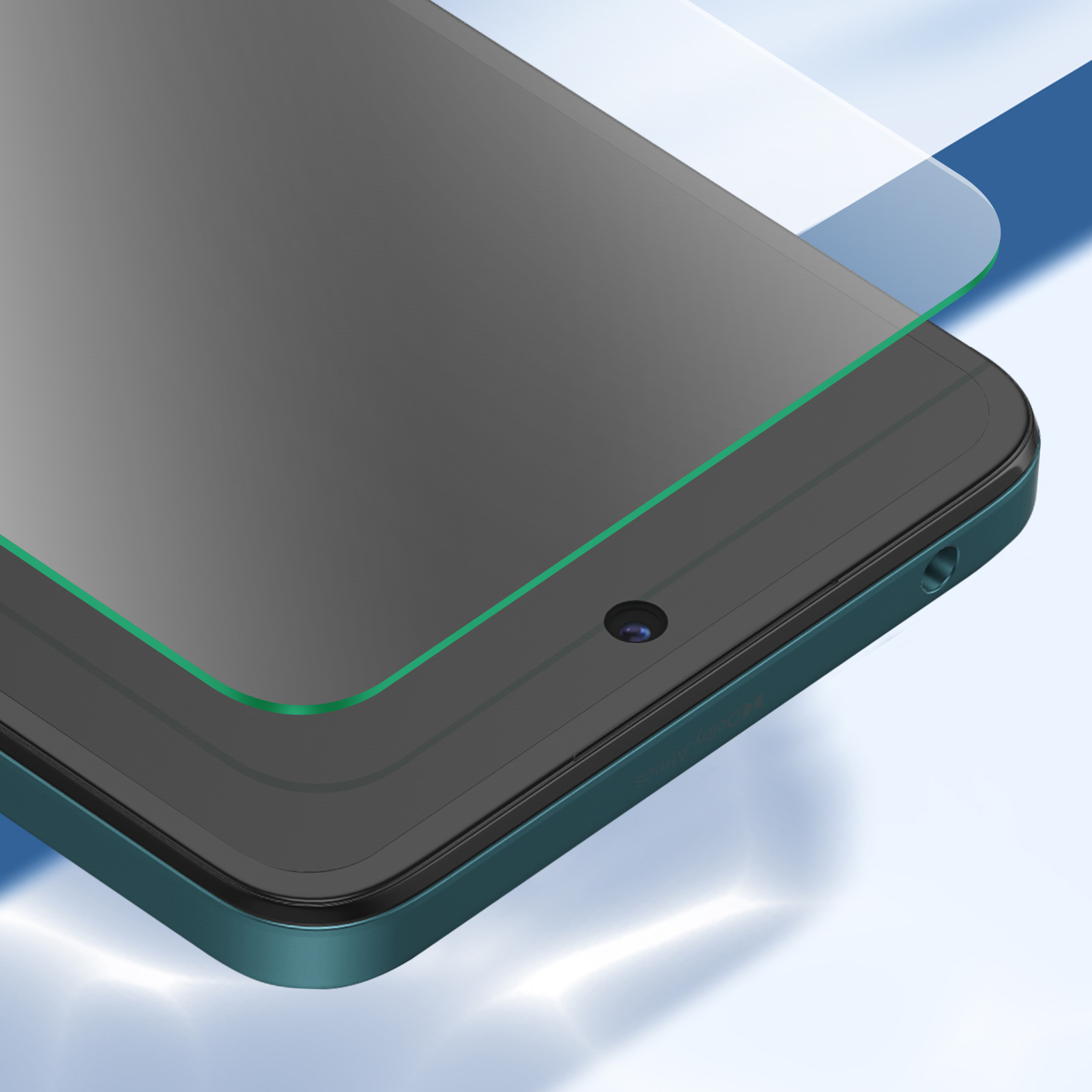 Gros plan d'un smartphone avec protecteur d'écran. Accents verts et fond bleu. Le téléphone a une caméra et une prise audio.