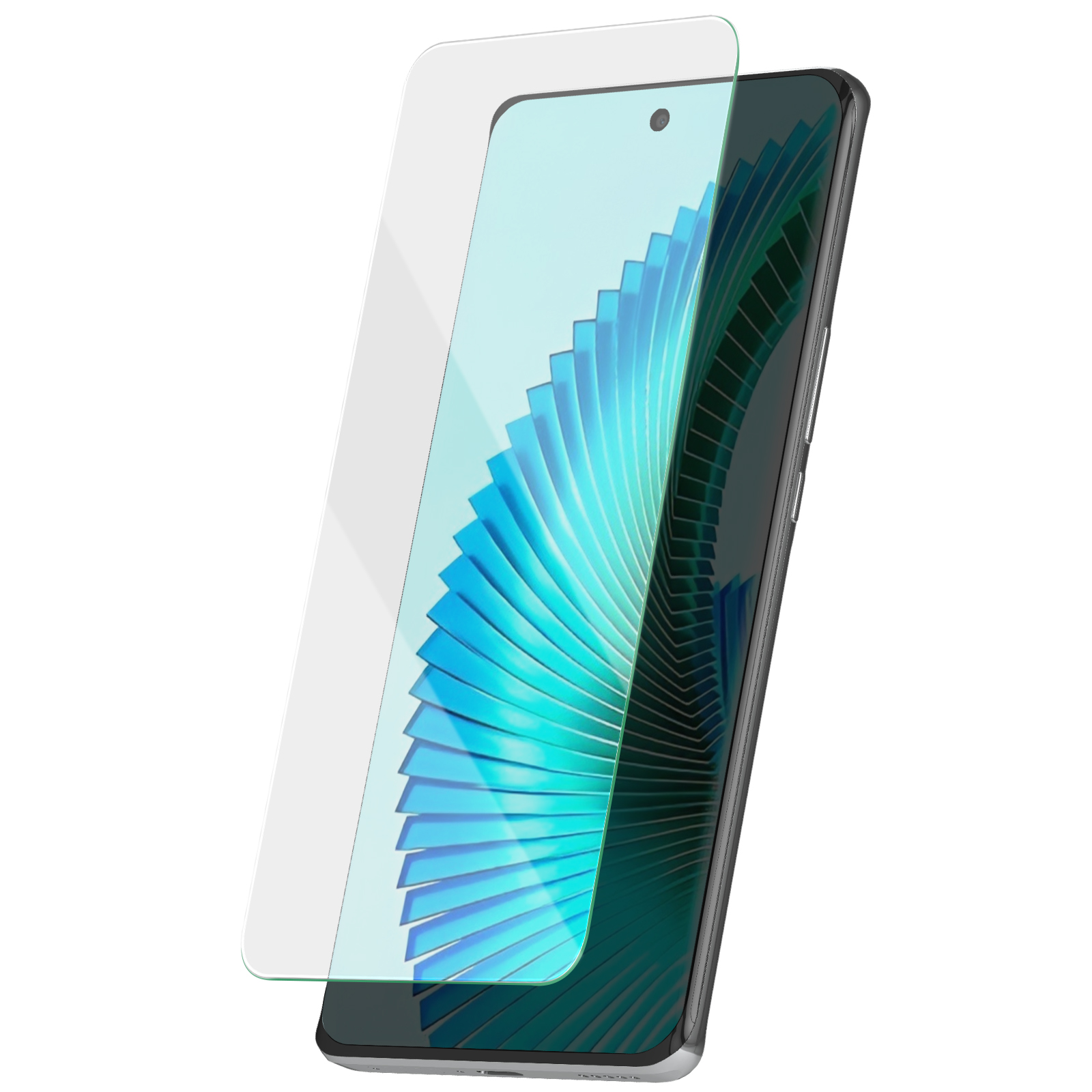 Uno smartphone con una protezione per lo schermo applicata. Il telefono mostra un motivo a onde blu sullo schermo e il proteggi schermo trasparente è leggermente sopra.
