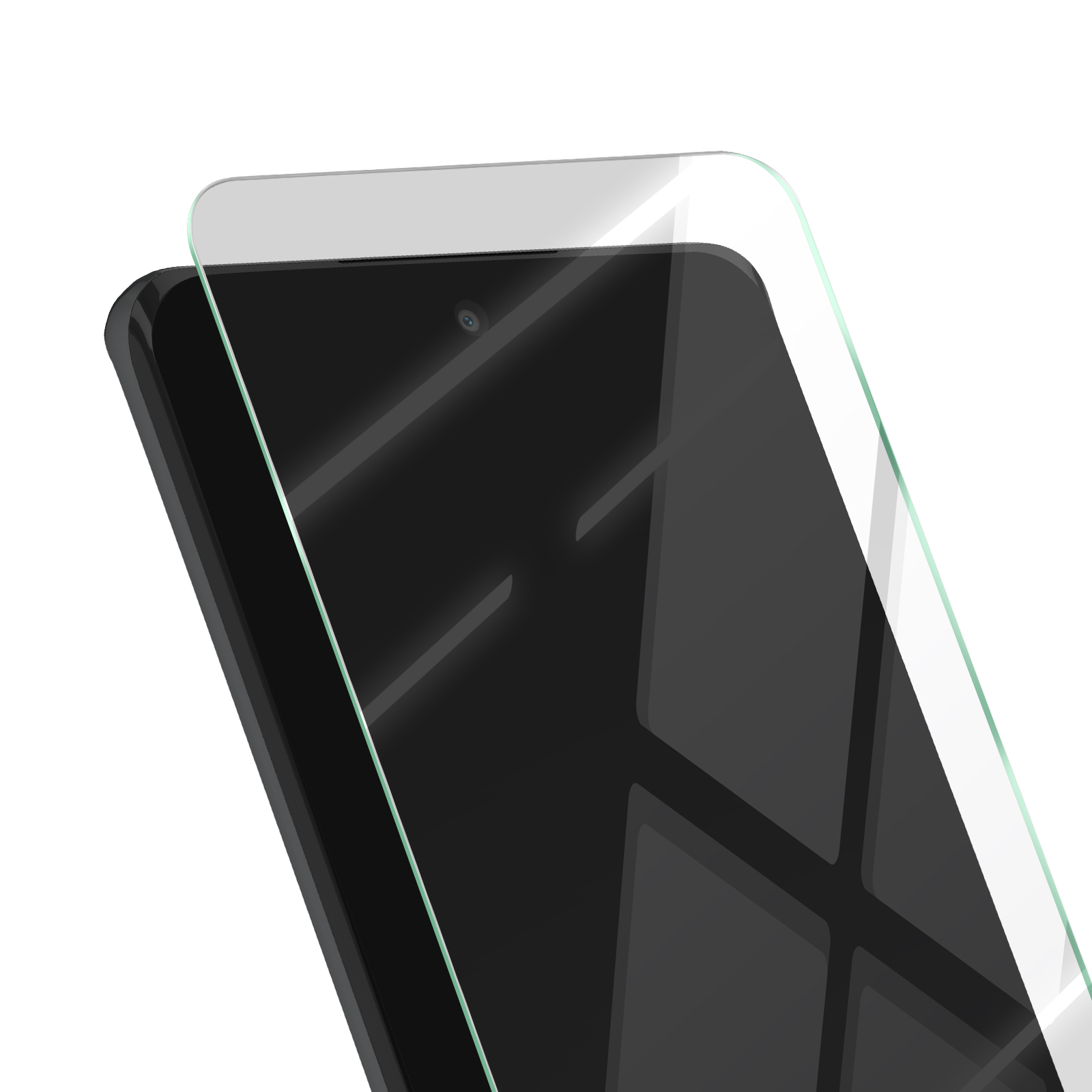 Uno smartphone nero con una protezione per lo schermo applicata. La protezione è trasparente e il telefono è angolato, mostrando la fotocamera.