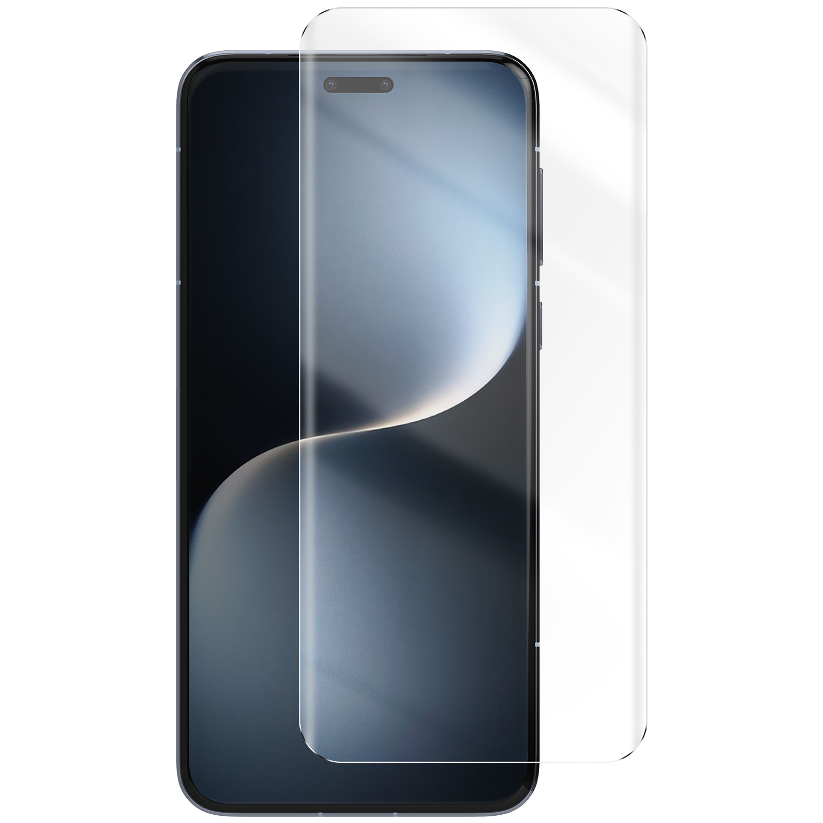 Uno smartphone con una protezione per lo schermo applicata. Lo schermo mostra una sfumatura blu e nera.