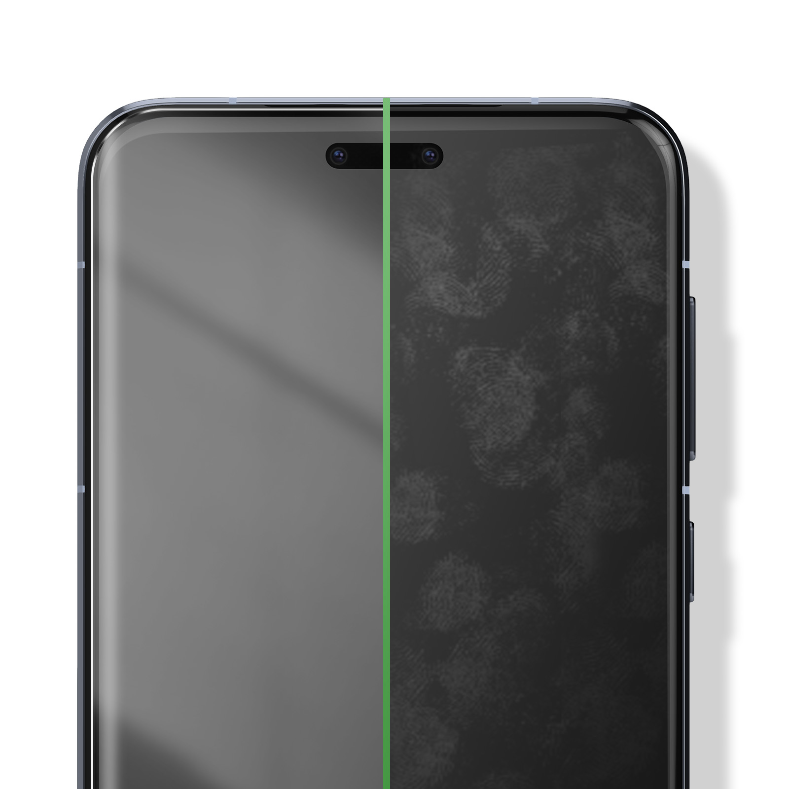 Schermo di smartphone con impronte digitali sul lato destro. Linea verde verticale separa lo schermo.