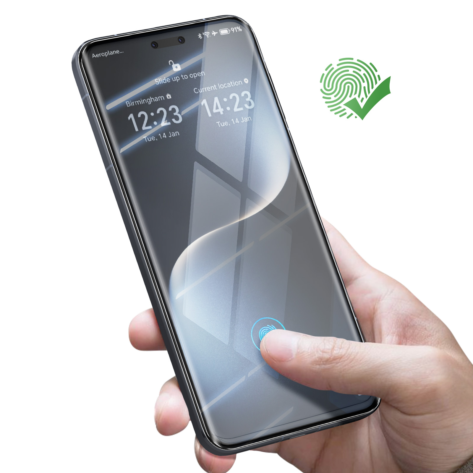 Una mano che tiene uno smartphone che mostra l'ora e la posizione. Un'icona di impronta digitale e un segno di spunta sono visibili.