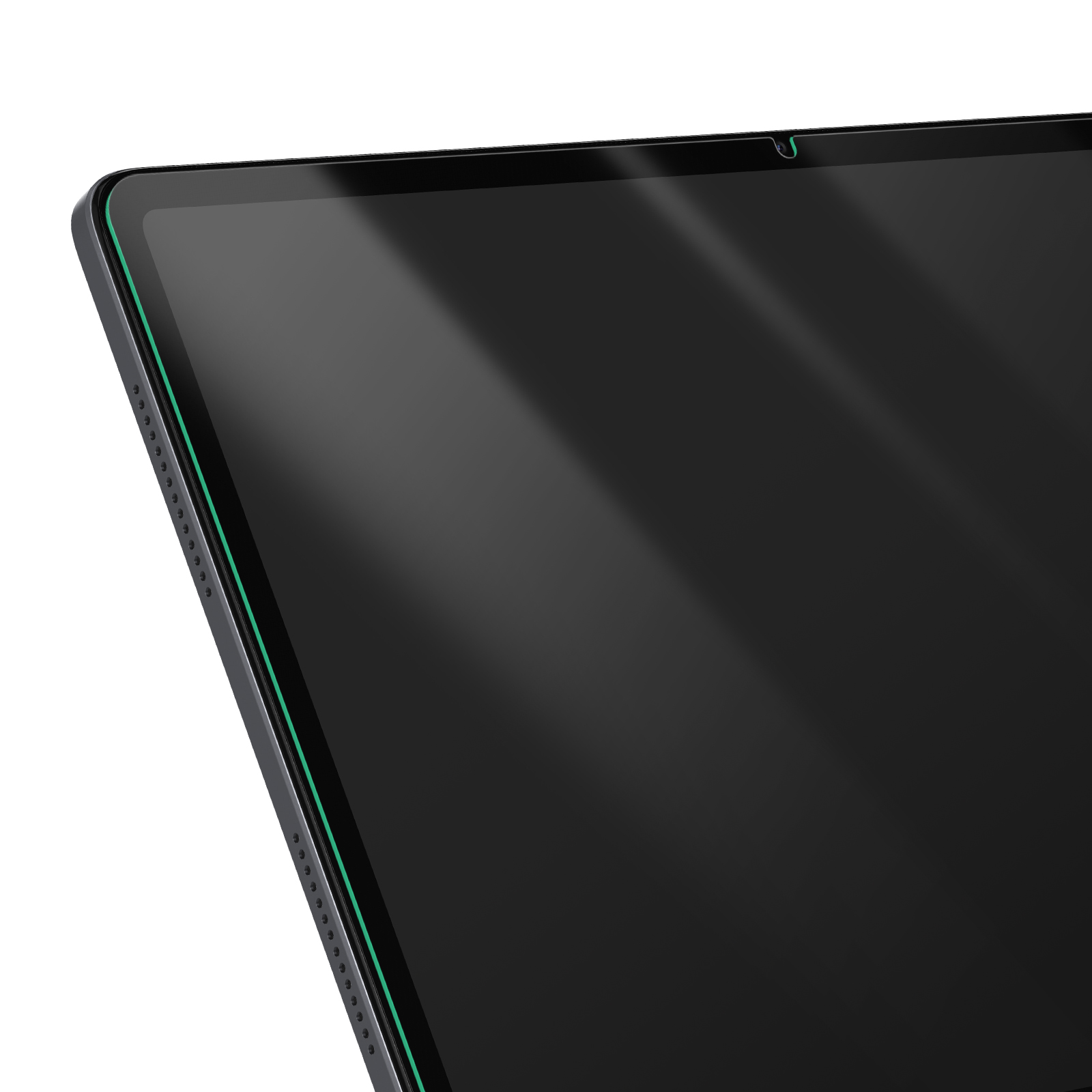 Primo piano dello schermo di un tablet. Lo schermo è nero, con un bordo verde. Il tablet è angolato con sfondo bianco.