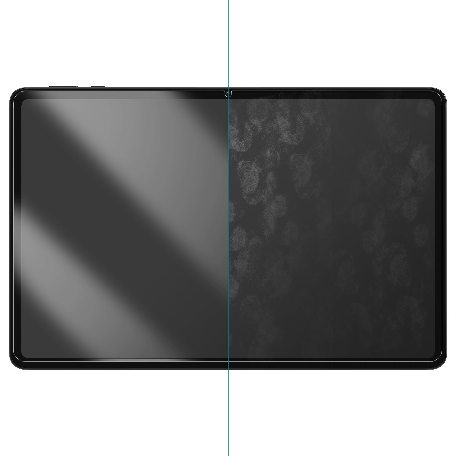 Uno schermo del tablet diviso. Il lato sinistro è pulito. Il lato destro presenta impronte digitali.