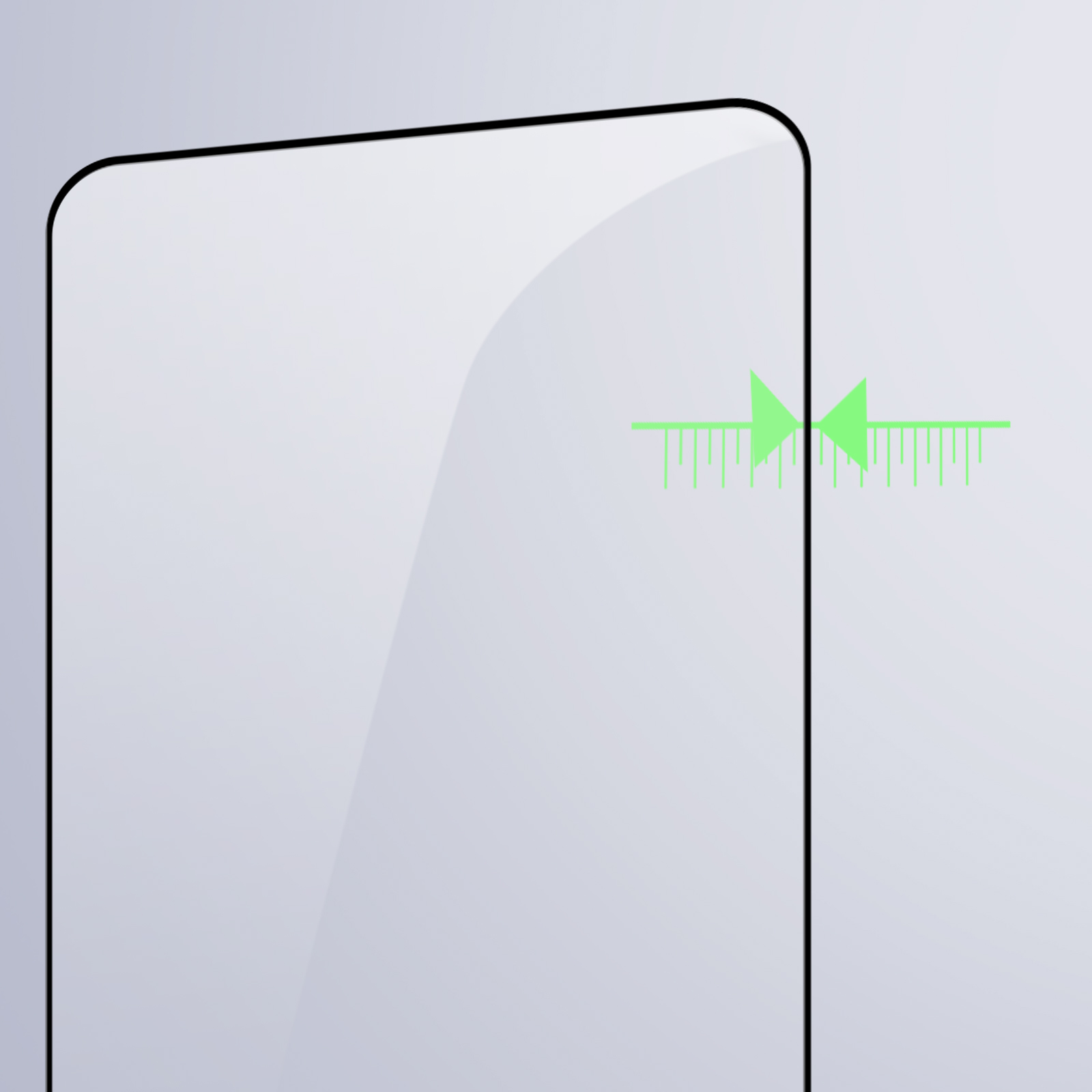 Immagine astratta con sfondo grigio chiaro e un oggetto a forma di telefono. Una freccia verde mostra la misura.