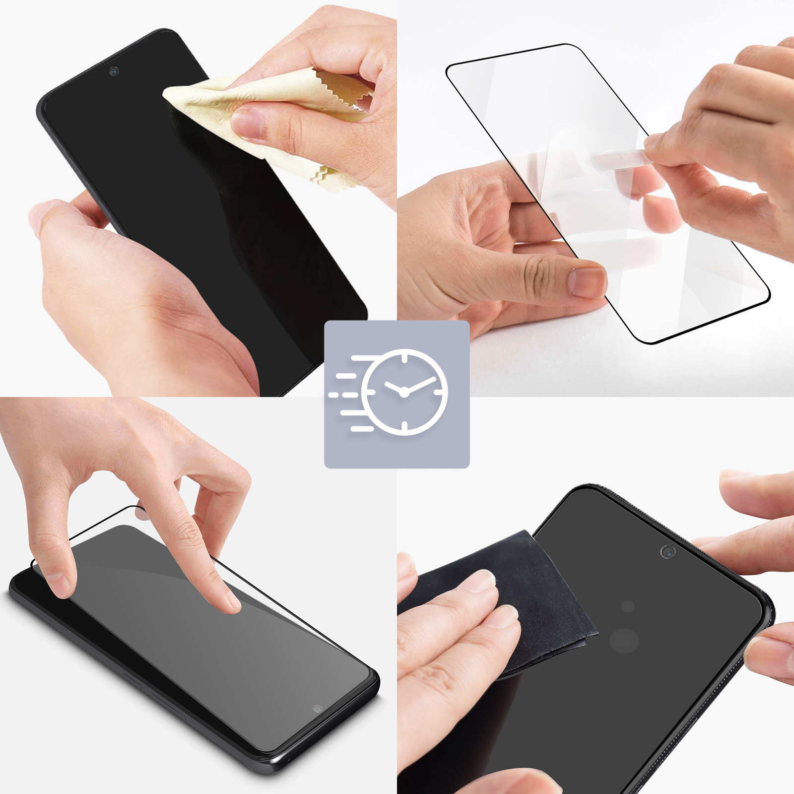 Mani che applicano una protezione per lo schermo a un telefono nero. Il processo include la pulizia e l'applicazione dello schermo.