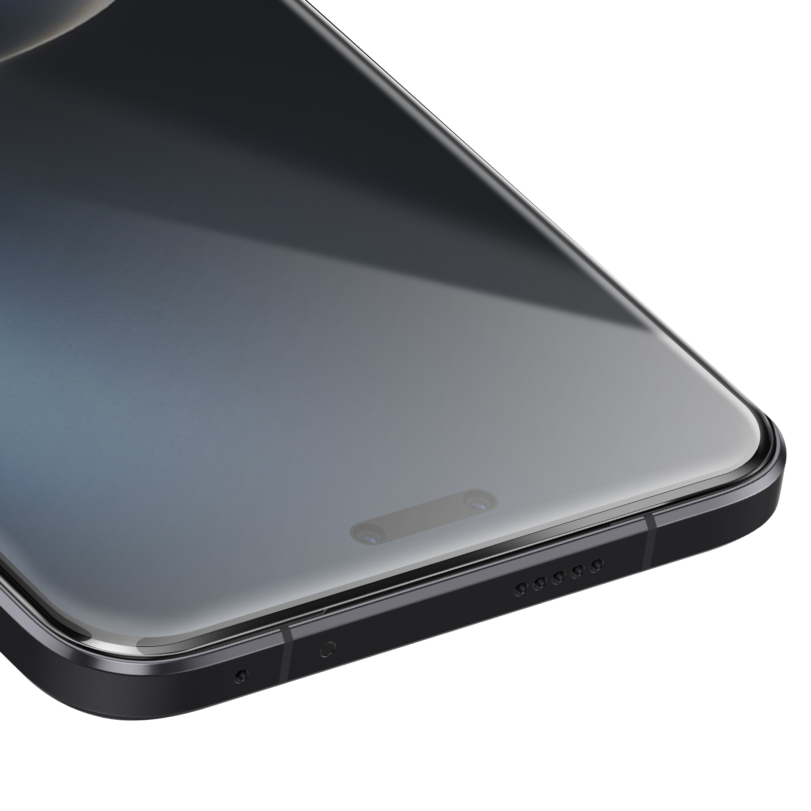 Primo piano di uno smartphone con una protezione per lo schermo applicata. Lo schermo è scuro, riflettendo la luce. Il telefono è nero.