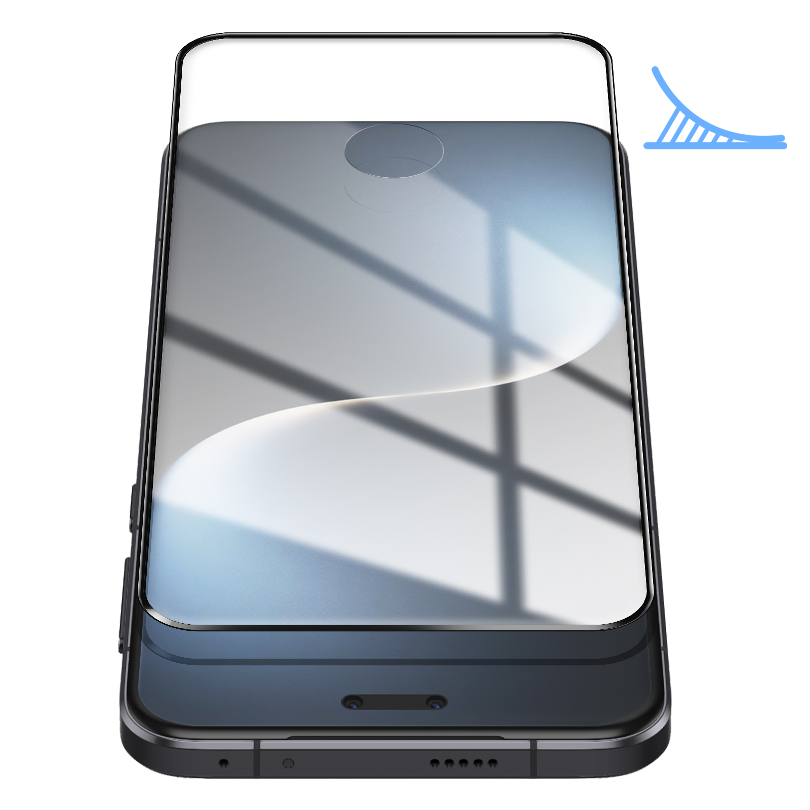 Uno smartphone con una protezione schermo trasparente, che mostra riflessi e ombre. Un'icona stilizzata di ponte blu in alto a destra.