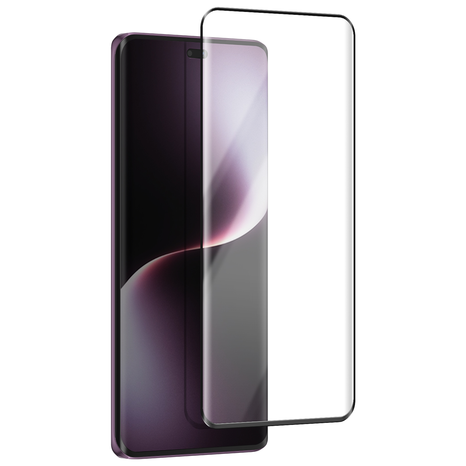 Uno smartphone con protezione schermo. Il telefono è viola con bordo nero, la protezione è trasparente.