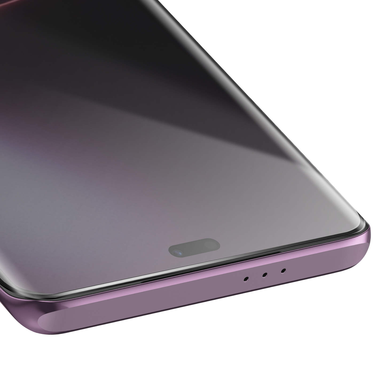 Primo piano di uno smartphone viola. Lo schermo è scuro. Il telefono ha una fotocamera e fori per altoparlanti.
