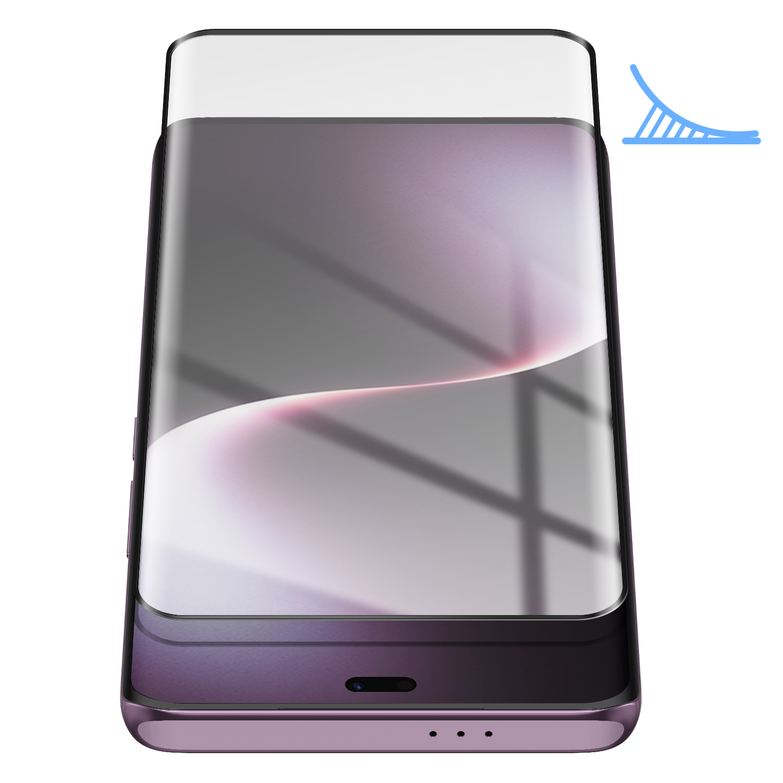 Uno smartphone viola, frontale, schermo curvo, con parte superiore bianca e icona ponte blu.