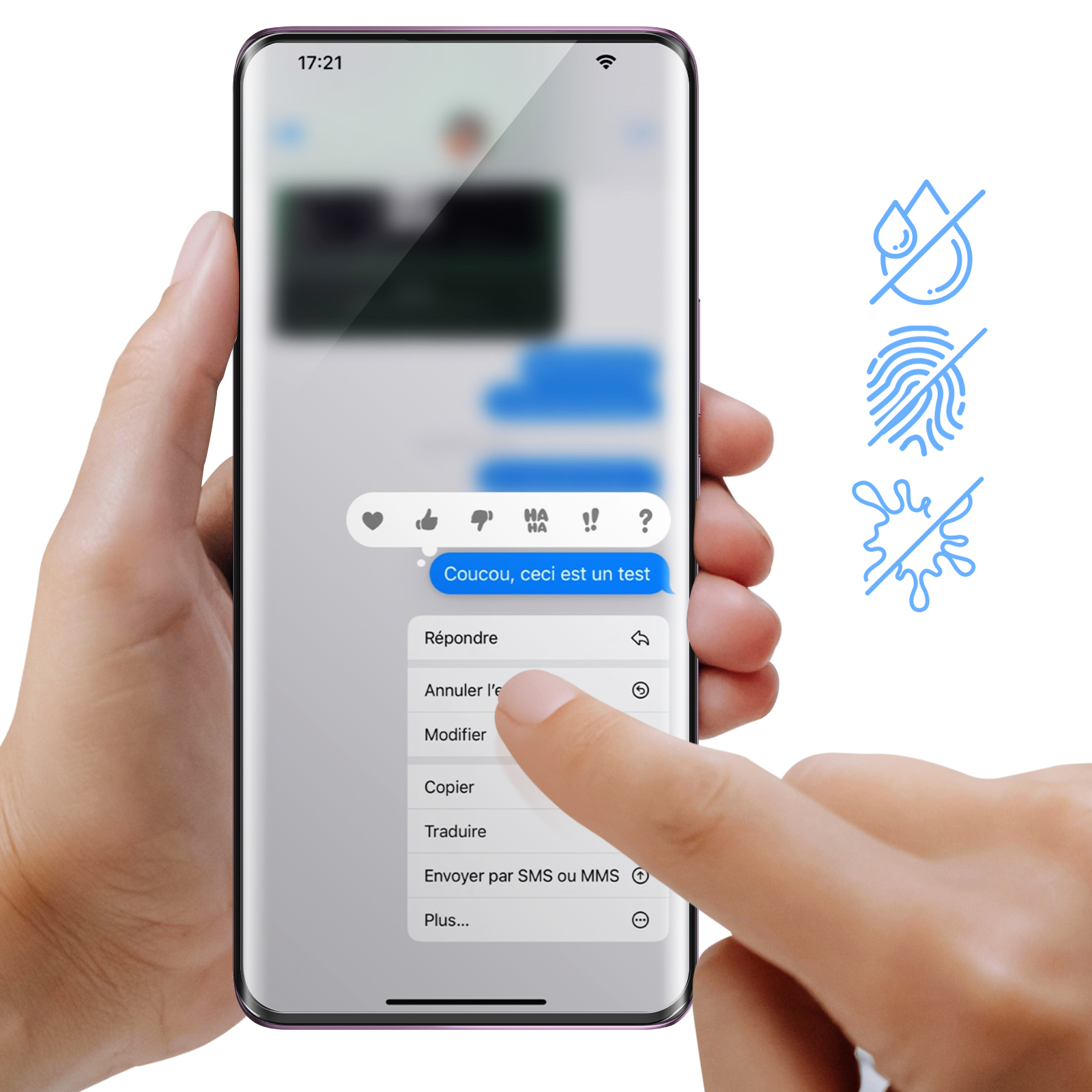 Una mano che tiene uno smartphone che mostra un messaggio di testo e le opzioni del menu. Sono presenti icone per l'acqua, le impronte digitali e uno schizzo.