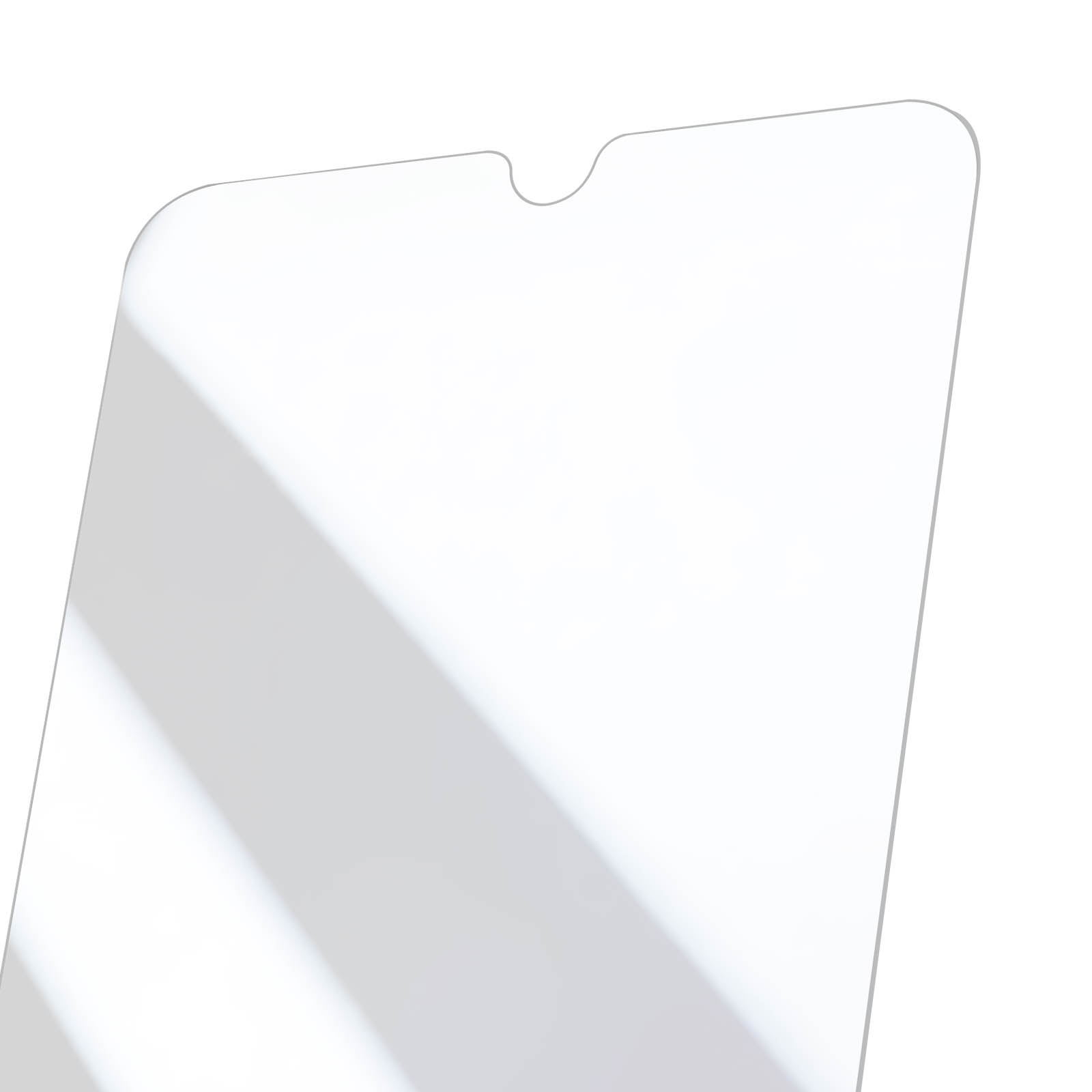 Un proteggi schermo bianco con un intaglio in alto. Ombre diagonali attraversano la superficie. Sfondo bianco.
