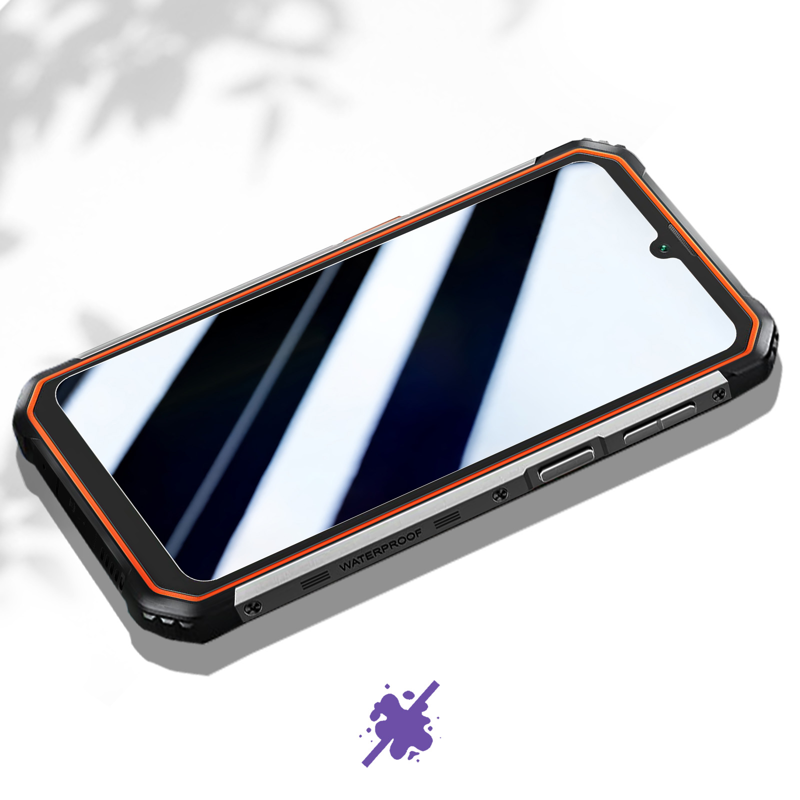 Smartphone robusto con dettagli arancioni, schermo acceso. Cornice nera e argento. Sfondo bianco, ombra e forma viola.