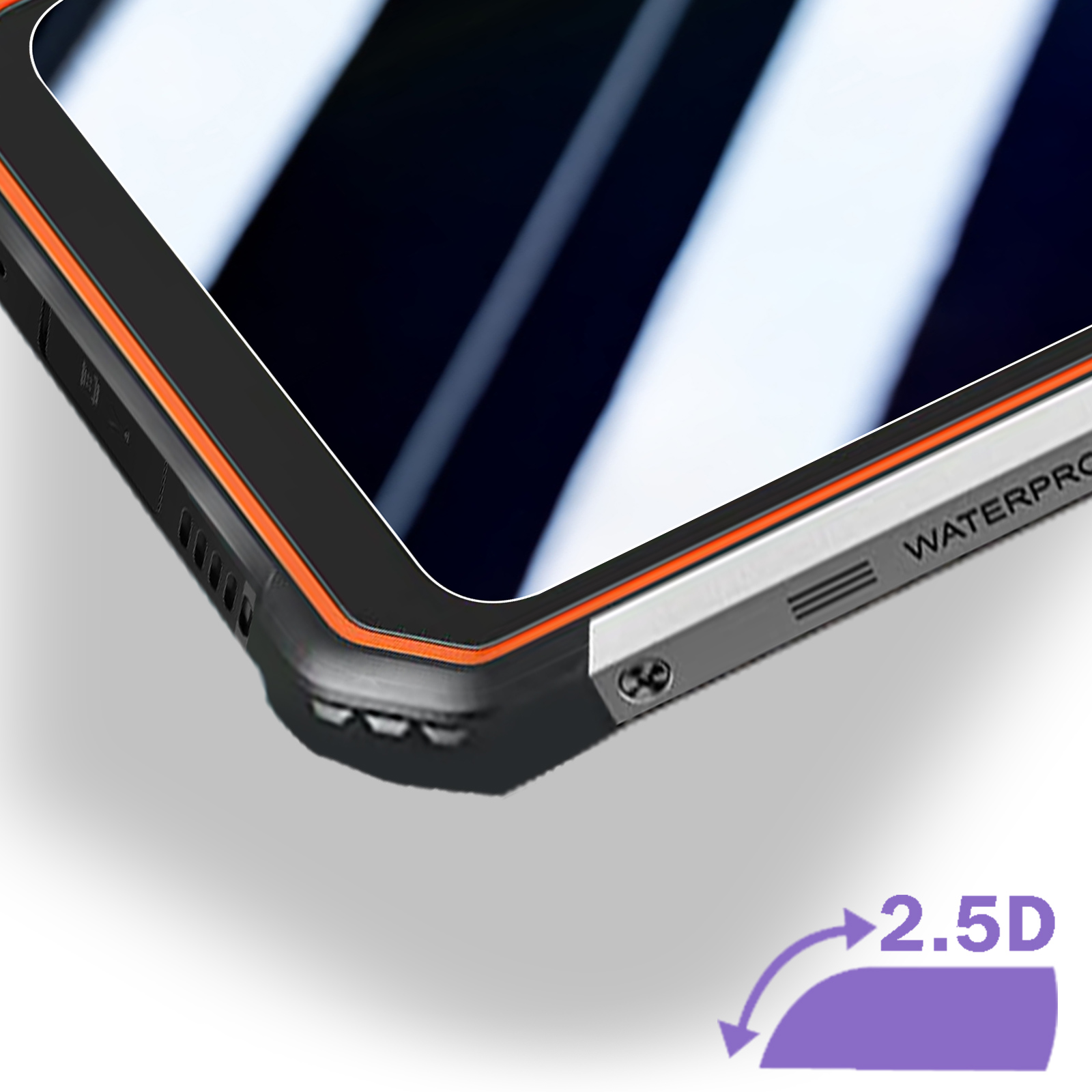 Primo piano di un tablet robusto nero e arancione, con schermo riflettente e scritta WATERPROOF. È visibile un'icona viola 2.5D.
