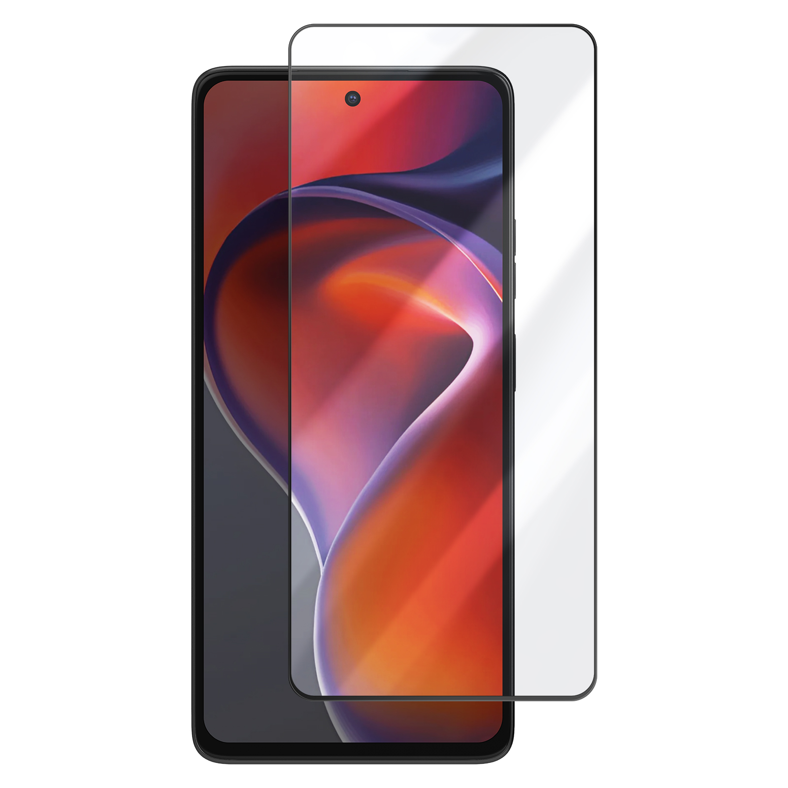 Een smartphone met een schermbeschermer erop. Het scherm toont een abstract ontwerp met rode, oranje en paarse tinten.