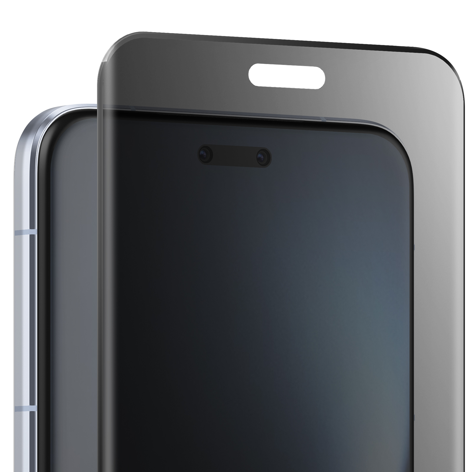 Primo piano di uno smartphone con protezione schermo. Il telefono è nero, la protezione è trasparente. Sfondo bianco.