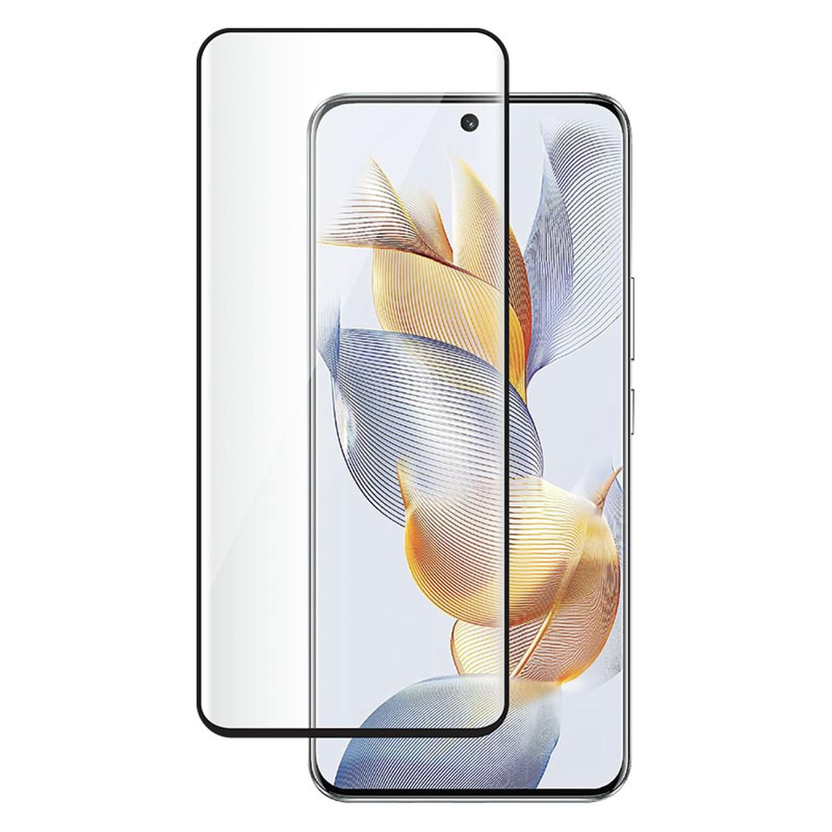 Un smartphone avec protecteur d'écran. Le téléphone affiche des motifs abstraits dorés et bleus. Le protecteur est transparent et couvre partiellement l'écran.