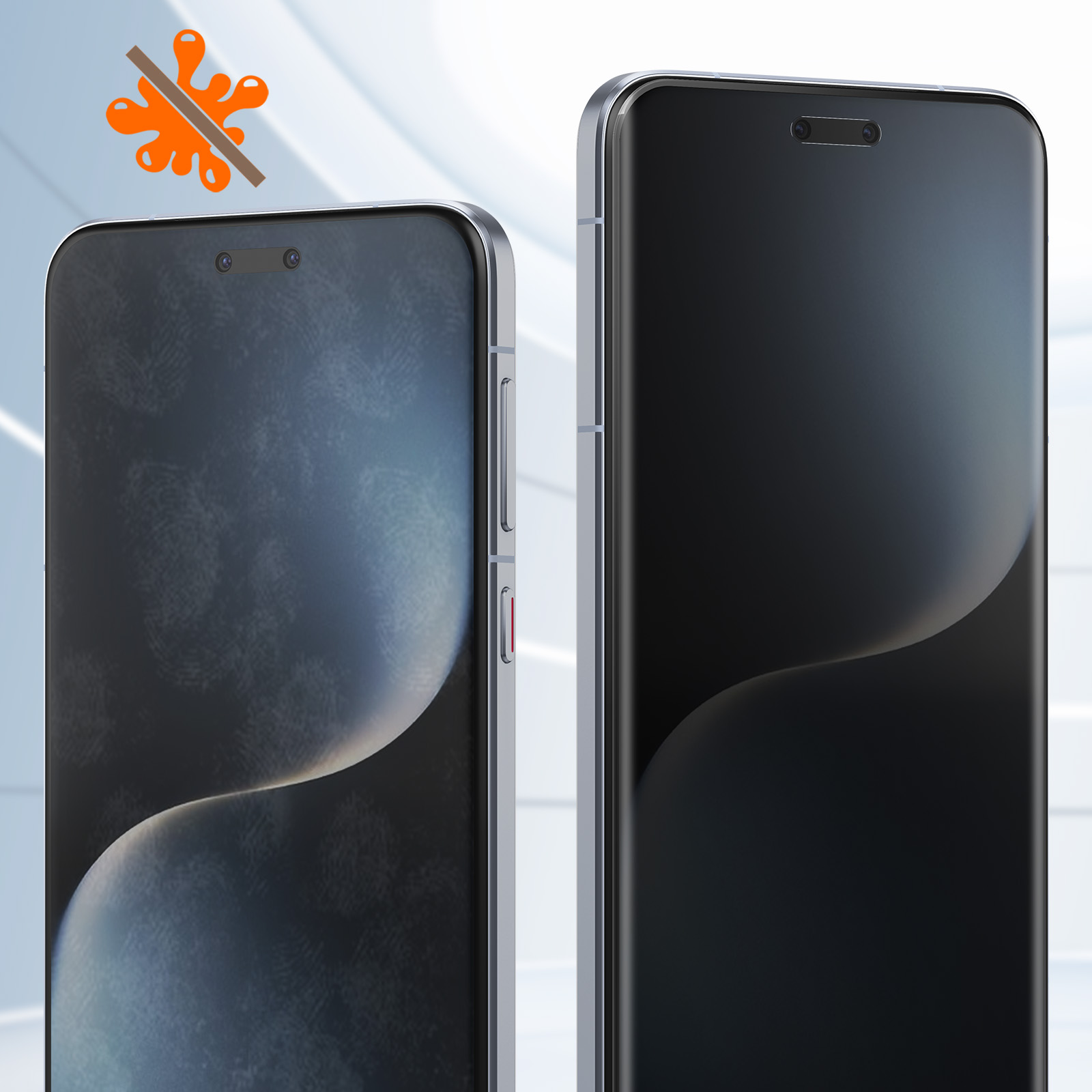 Sono mostrati due smartphone dal design elegante. Uno ha un motivo a impronte digitali sullo schermo, l'altro è nero.