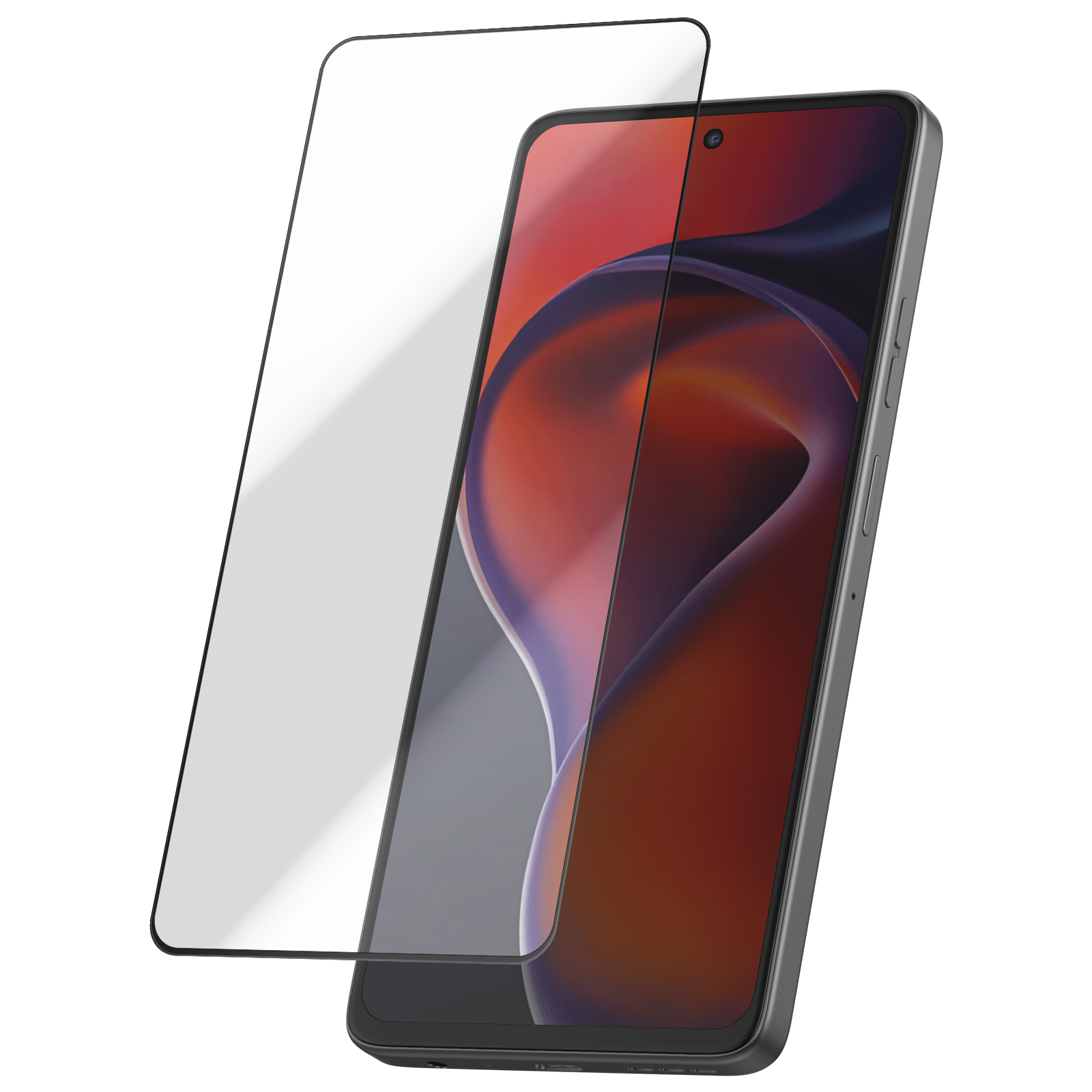Een smartphone met een schermbeschermer. De telefoon toont een kleurrijke abstracte achtergrond. De beschermer ligt ernaast.
