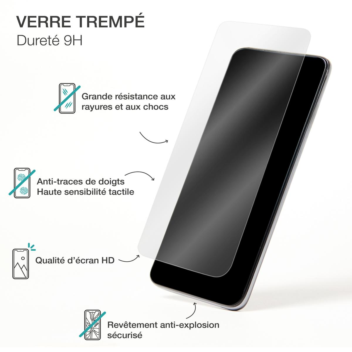 Un protecteur d'écran en verre trempé et un téléphone sont montrés. Le texte indique la résistance aux rayures, empreintes digitales et qualité HD.