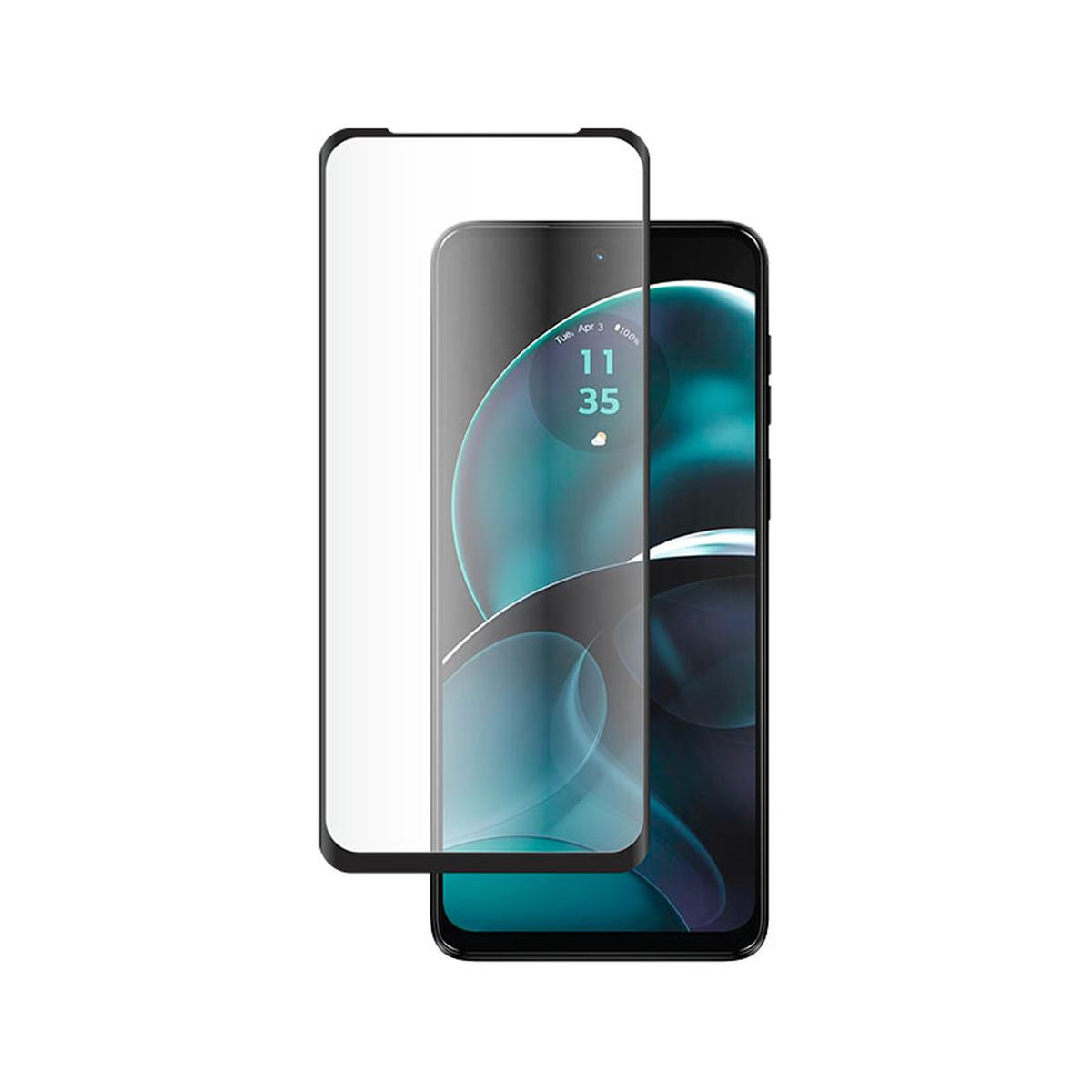 Smartphone con protezione schermo su sfondo bianco. Lo schermo mostra ora e data. La protezione è trasparente.