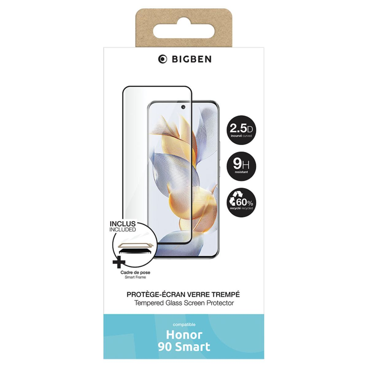 Une boîte de protection d'écran. Elle montre un téléphone, une protection d'écran et des détails comme '9H résistant' et '60% recyclé'.