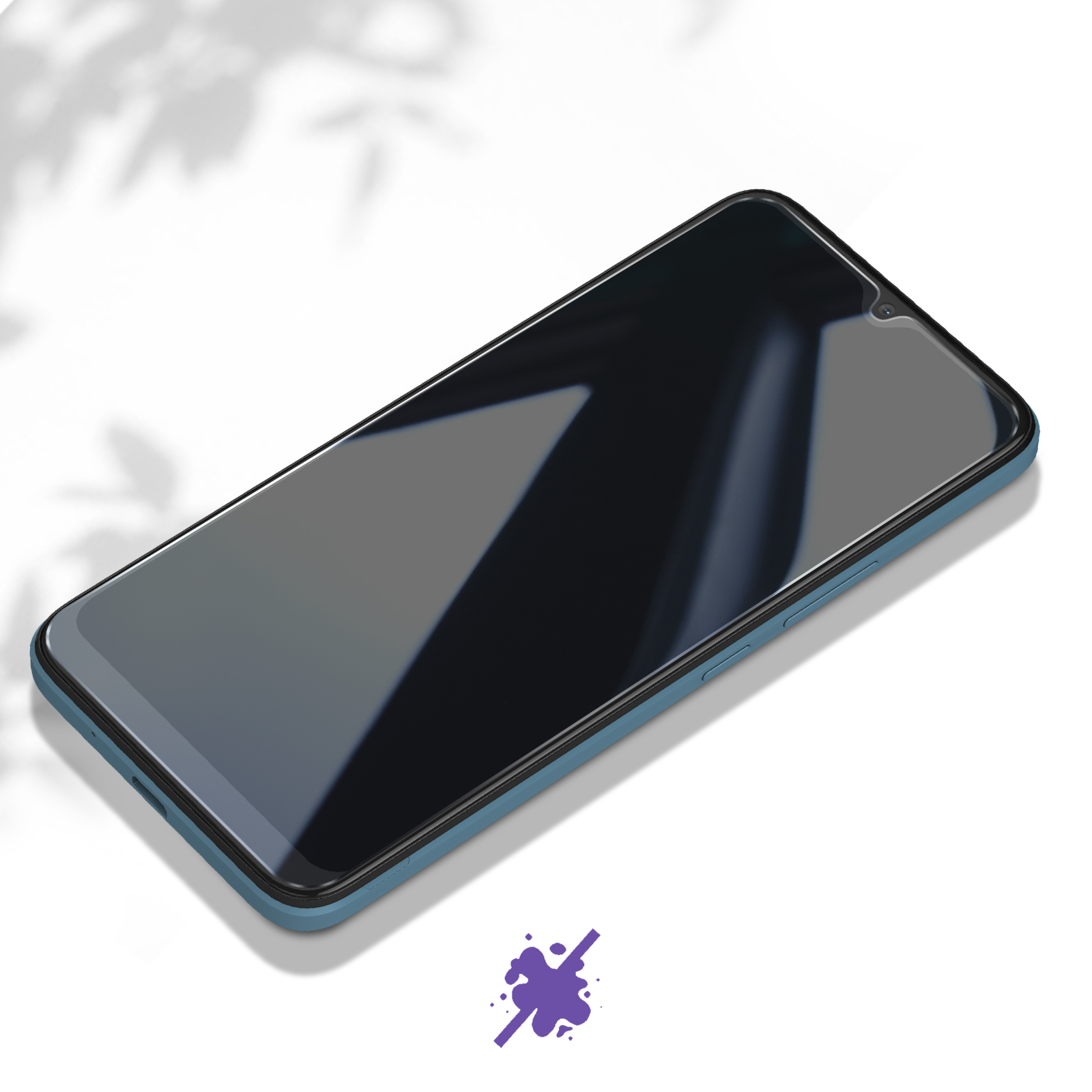 Smartphone blu su superficie bianca, schermo scuro. Ombre di alberi sullo sfondo. Macchia viola in basso.
