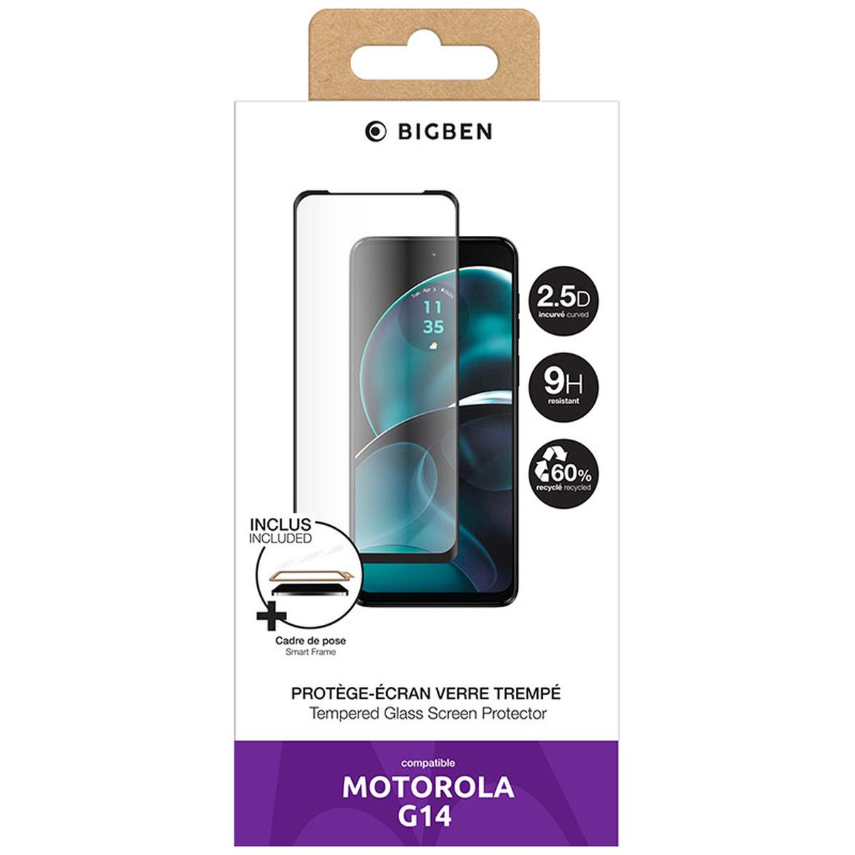 Una scatola per la protezione dello schermo del telefono. Ha un'immagine del telefono, testi e loghi. Dice 'MOTOROLA G14' e 'BIGBEN'.