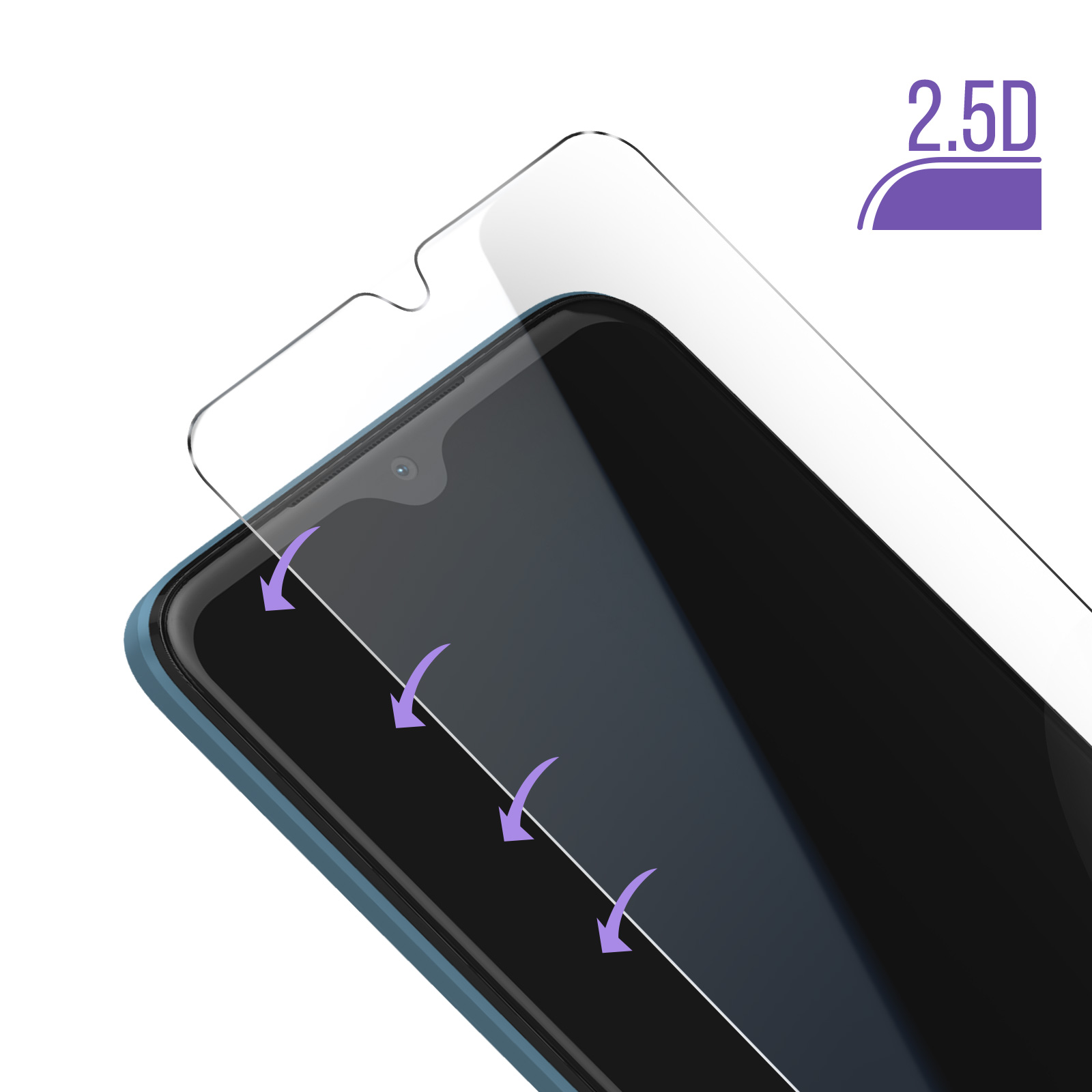 Un telefono con una protezione per lo schermo in fase di applicazione. Frecce viola indicano la direzione di applicazione. La protezione è etichettata 2.5D.