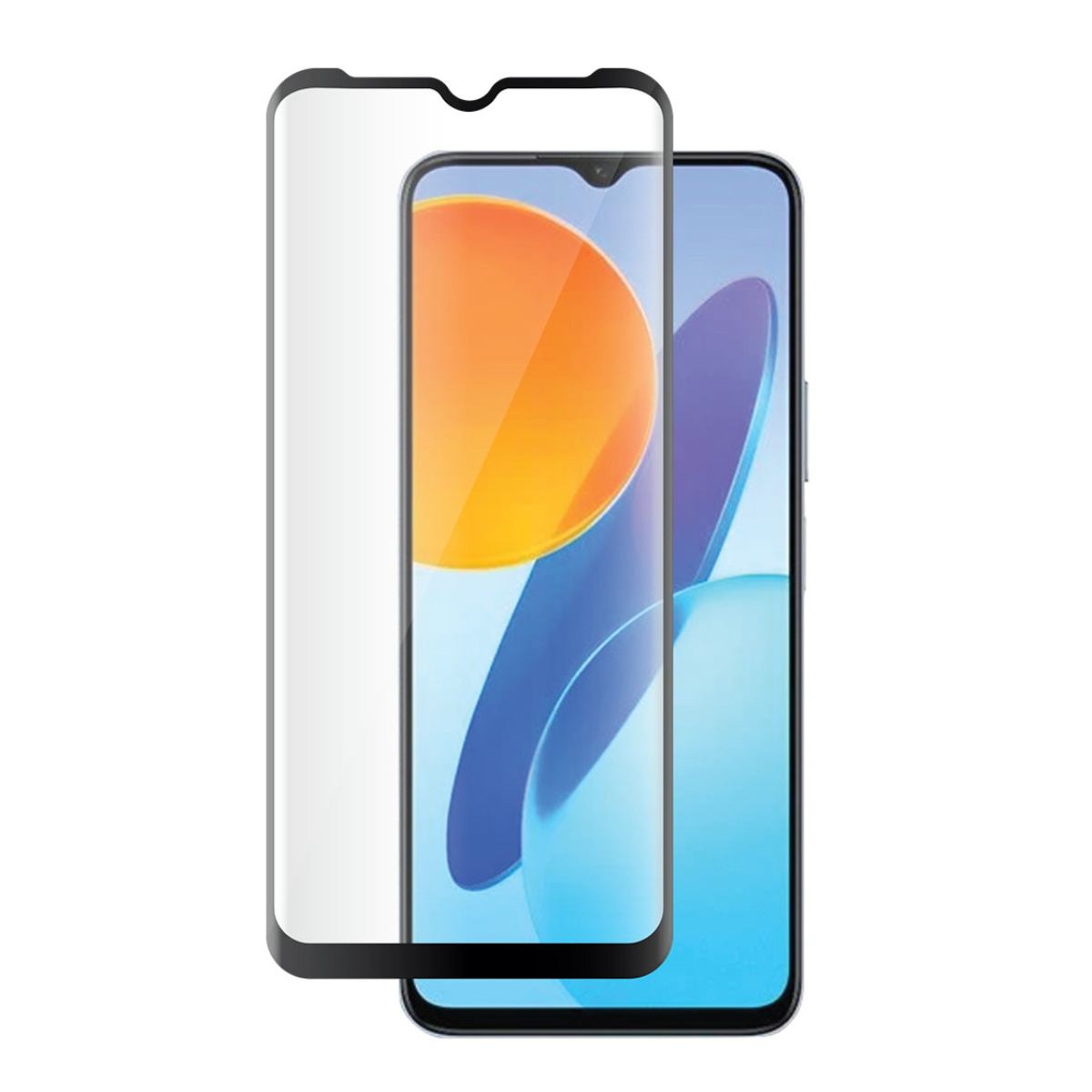 Un smartphone avec un protecteur d'écran. Le téléphone affiche un design abstrait orange et bleu. Un protecteur d'écran en verre est placé sur le téléphone.