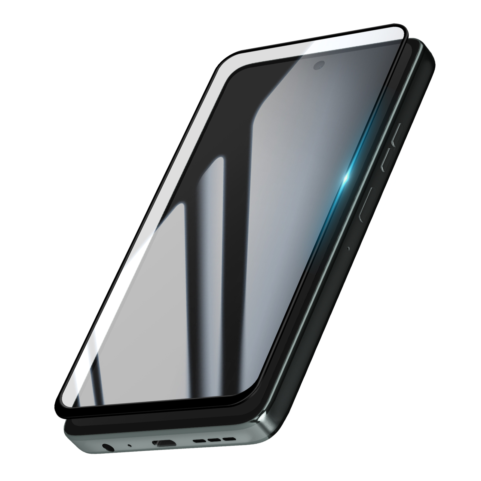 Uno smartphone nero con una protezione per lo schermo. La protezione per lo schermo è trasparente. Il telefono è leggermente angolato.