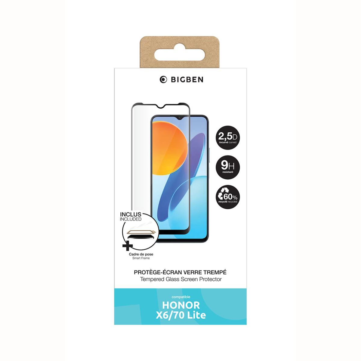 Boîte de protection d'écran Bigben. Elle présente une illustration de téléphone, des détails du produit et est pour Honor X6/70 Lite.