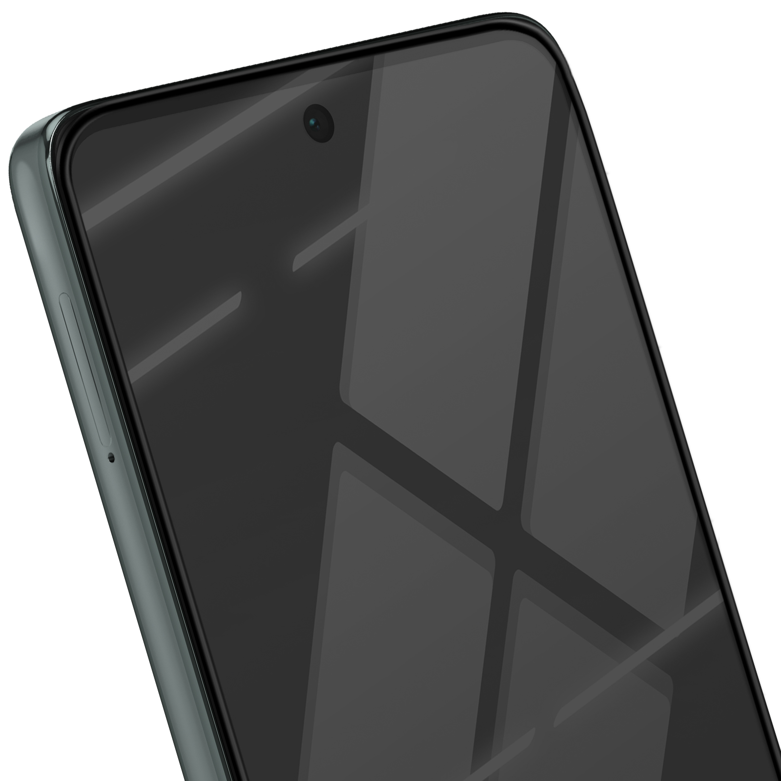 Primo piano di uno smartphone, schermo scuro con linee, fotocamera in alto. Il telefono ha bordi arrotondati e una cornice verde chiaro.
