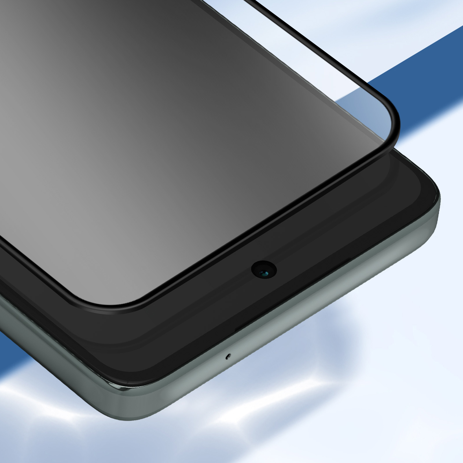 Primo piano di uno smartphone con protezione per lo schermo. Il telefono ha uno schermo nero e la protezione è leggermente sollevata.